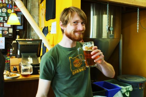 Hopworks Brewer Matt "Speck" Speckenbach enjoys a taste of HUB's Gigabit IPA