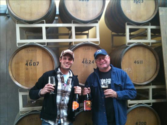 Ben Weiss (left) and Cascade brewmaster Ron Gansberg compare sours (Oude Tart and Sang Rouge)