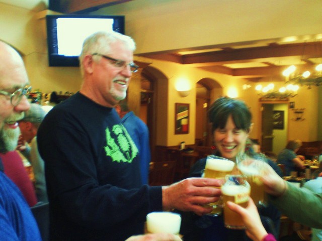 MacTarnahan's Mark Carver (tall guy in black) toasts the brewery's Lip Stinger release at the Taproom with the The Beer Here's John Foyston (left), Saraveza's Sarah Pederson, her husband Ryan Pederson, and the Brewpublic crew.