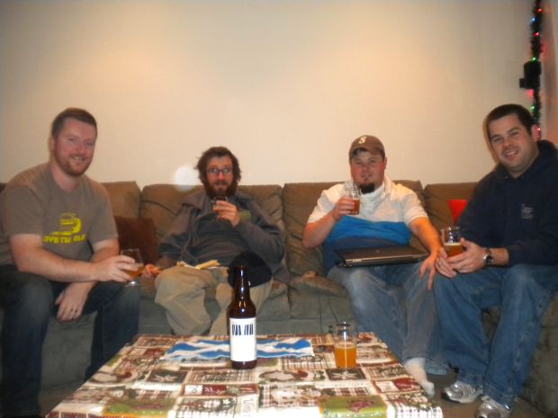 Sampling beers with 2 Beer Guys: Ian Cowpar (left), Angelo De Ieso (Brewpublic), Sean Jansen, and Ryan Jansen (far right) 