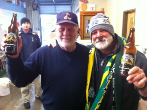 Cascade Owner Art Larrance (left) with Timber Jim. Cascade brewer Chris Baggenstos in the background