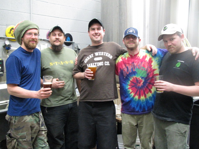 Hop Valley Brewing crew sampling Tilley's Chili Beer during Eugene Beer Week