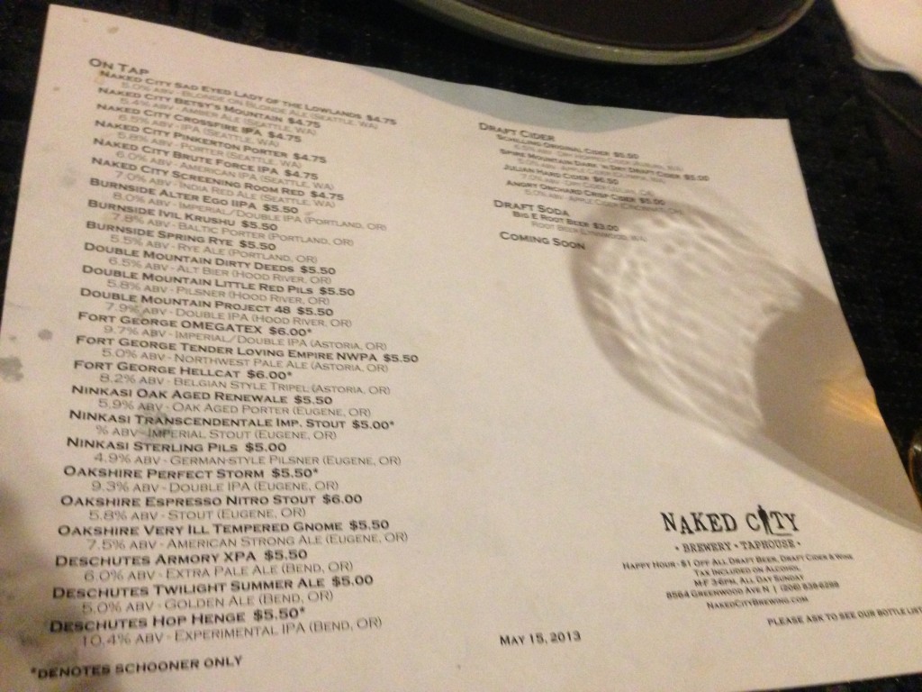 Taplist for Oregon Brewers Night at Naked City Taproom during Seattle Beer Week 2013