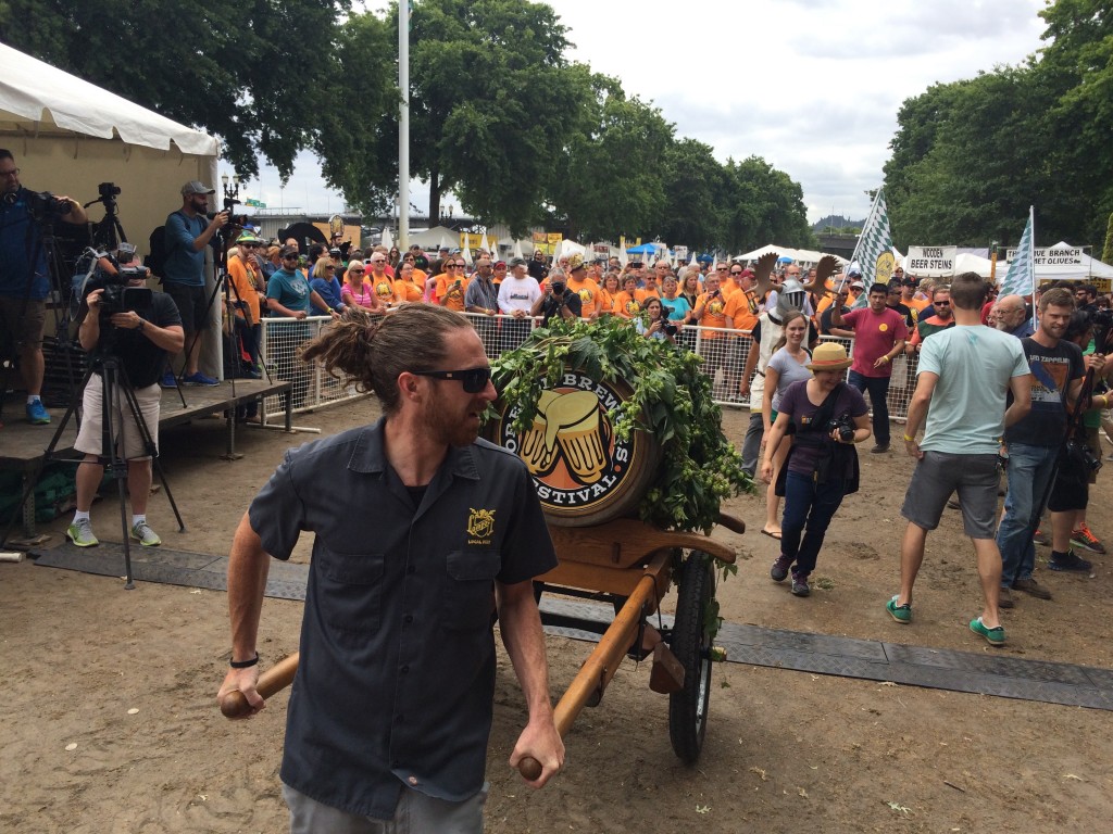 The ceremonial Oregon Brewers Festival keg of Lompoc Pamplemousse