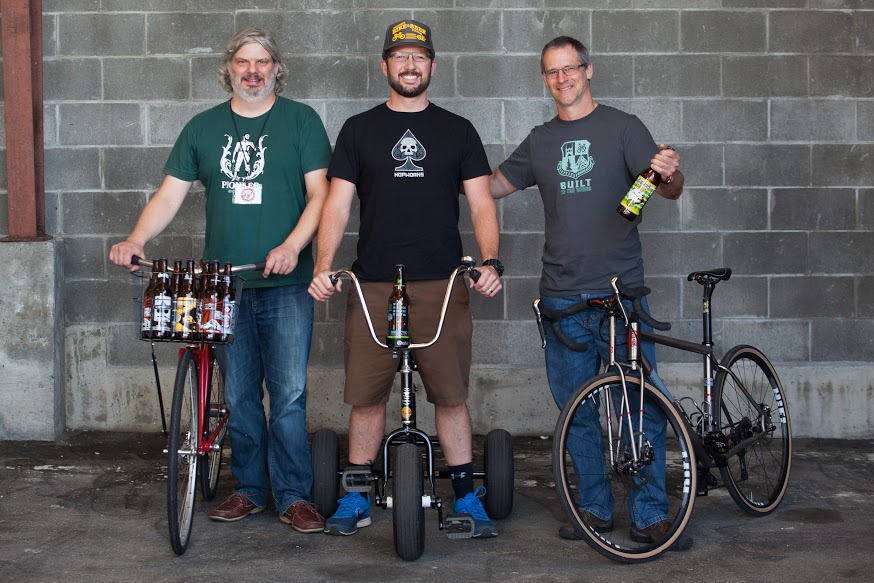Jason Gayton, Christian Ettinger and David Levy at the Handmade Bike and Beer Festival at Hopworks Urban Brewery in Portland, Oregon. Image by Tim LaBarge