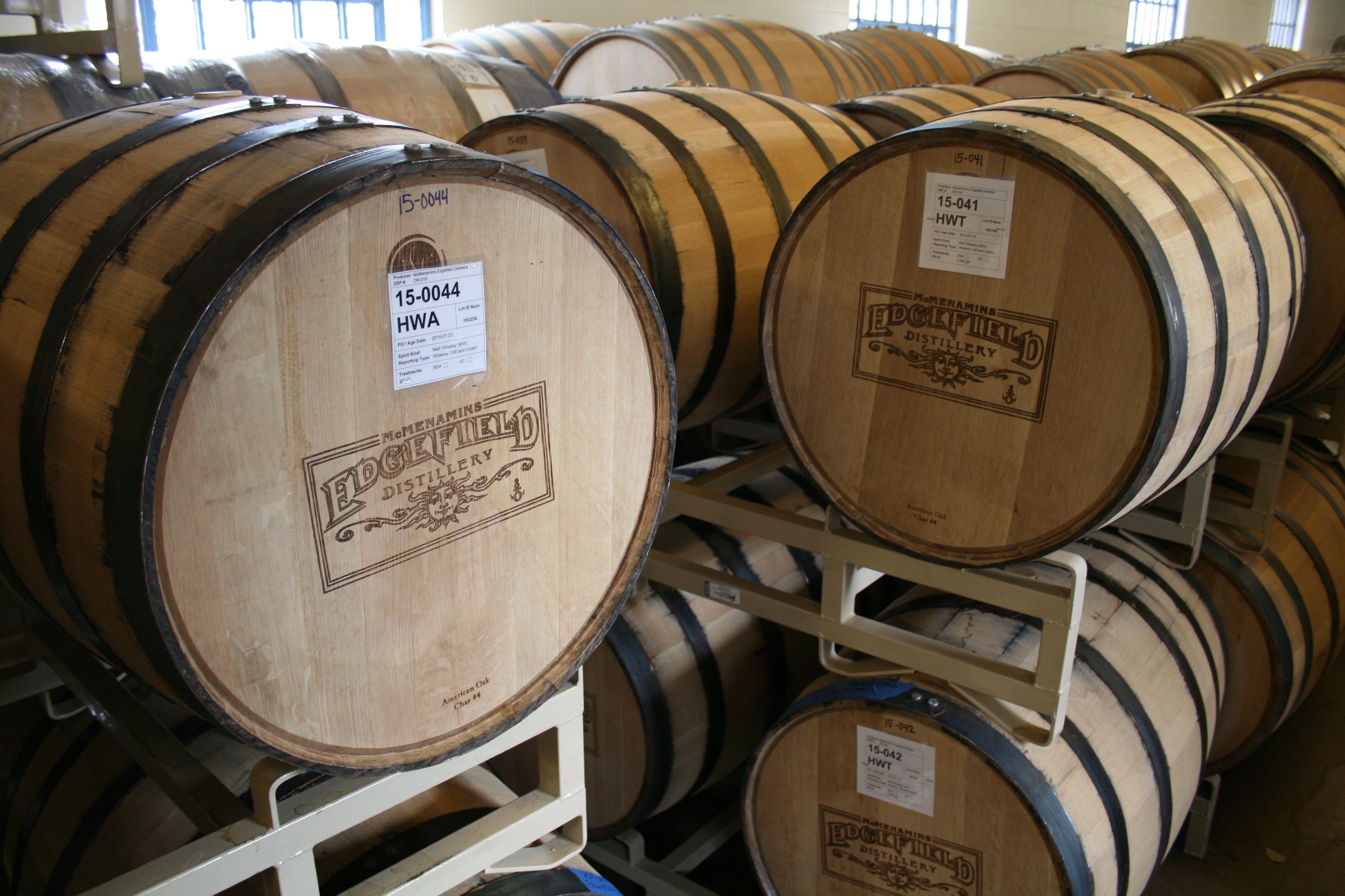 Hogshead Whiskey aging at inside the jailhouse at Edgefield. (photo by D.J. Paul)
