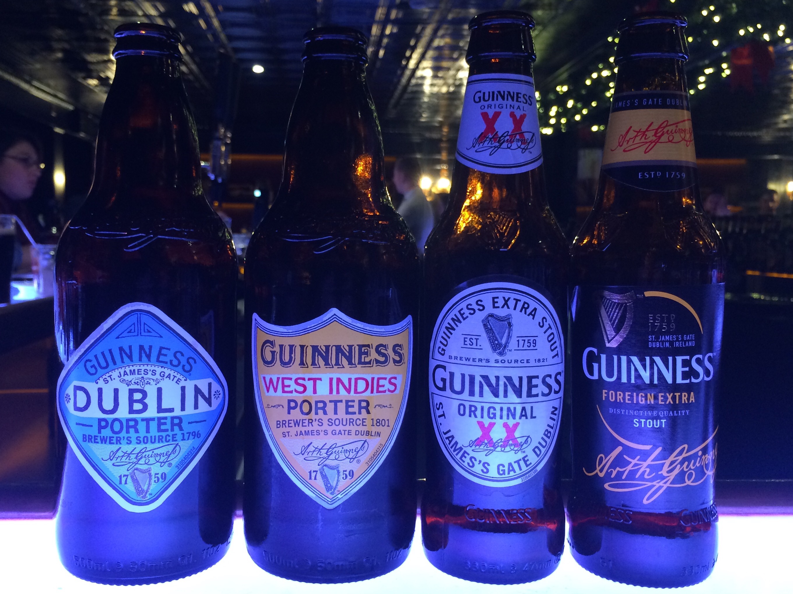 A perfect lineup of Guinness at the Guinness Connoisseur Bar featuring Dublin Porter, West Indies Porter, Extra Stout and Foreign Extra Stout.