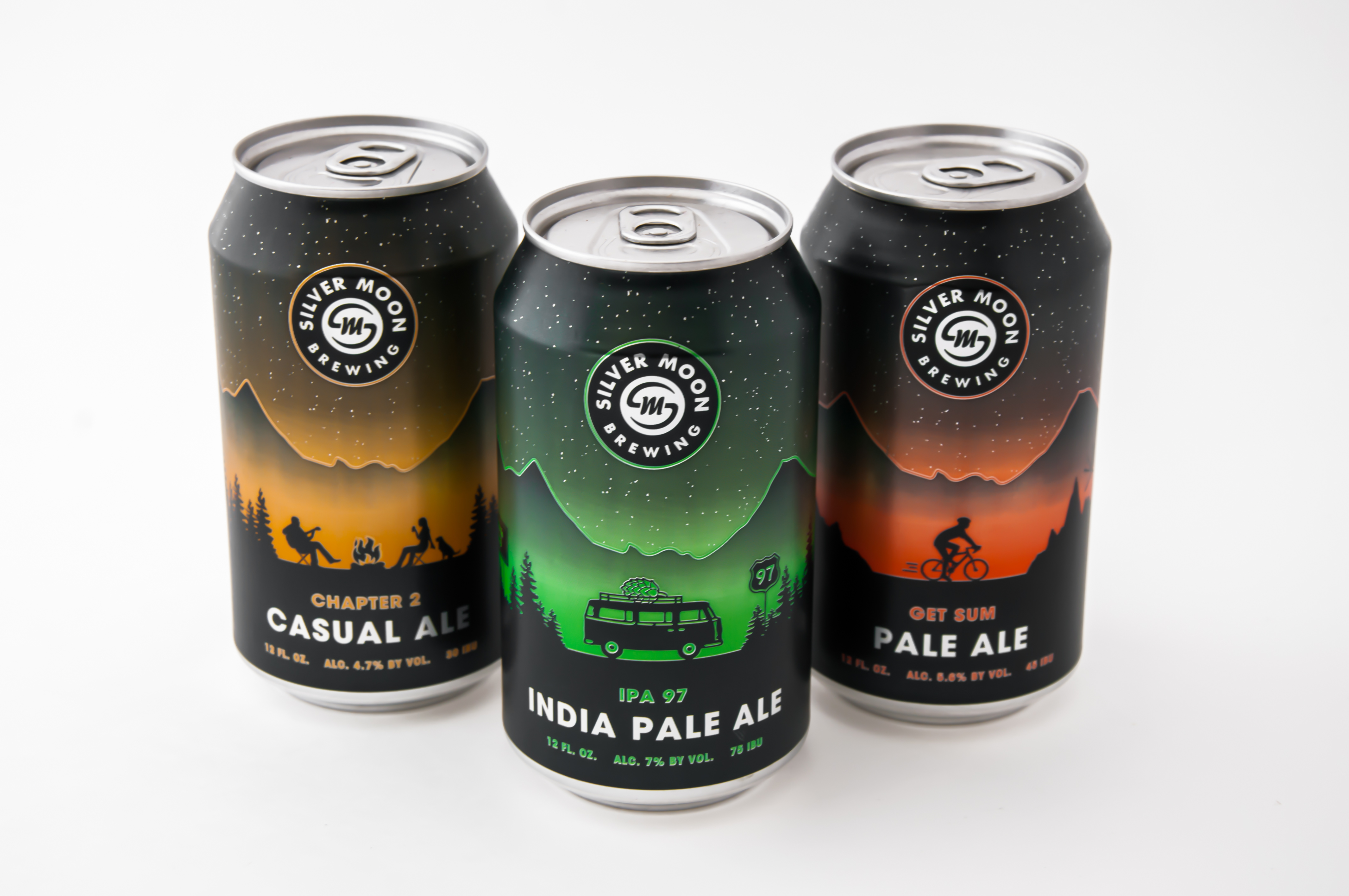 Silver Moon Brewing Can Lineup of Chapter 2 Casual Ale, IPA 97 India Pale Ale and Get Sum Pale Ale (image courtesy of Silver Moon Brewing)