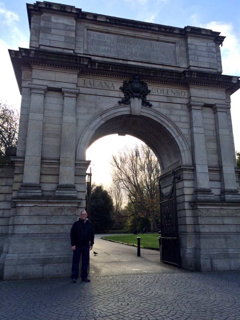Standing in front of the entry to Saint Stephen's Green Park in Dublin, Ireland.
