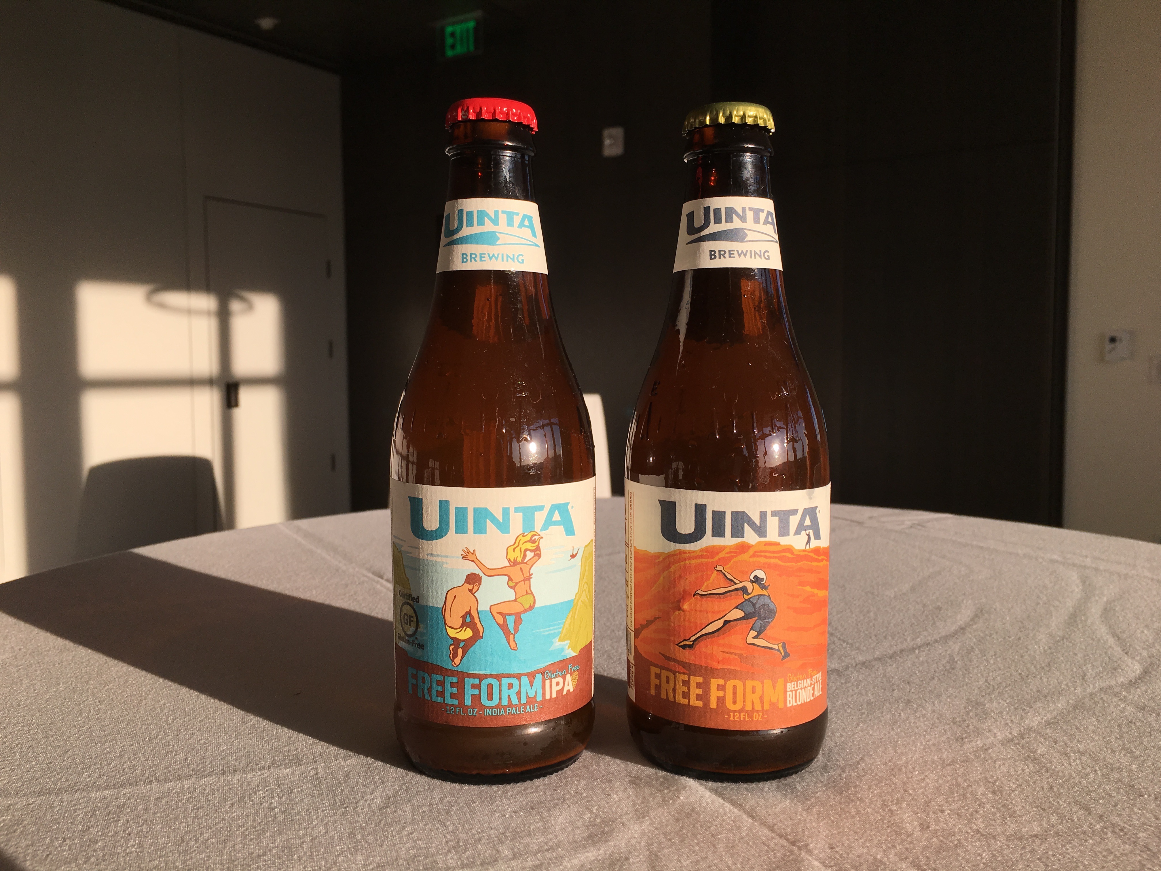 Bottles of Uinta Brewing Free Form Gluten Free IPA and Belgian-Style Blonde Ale.