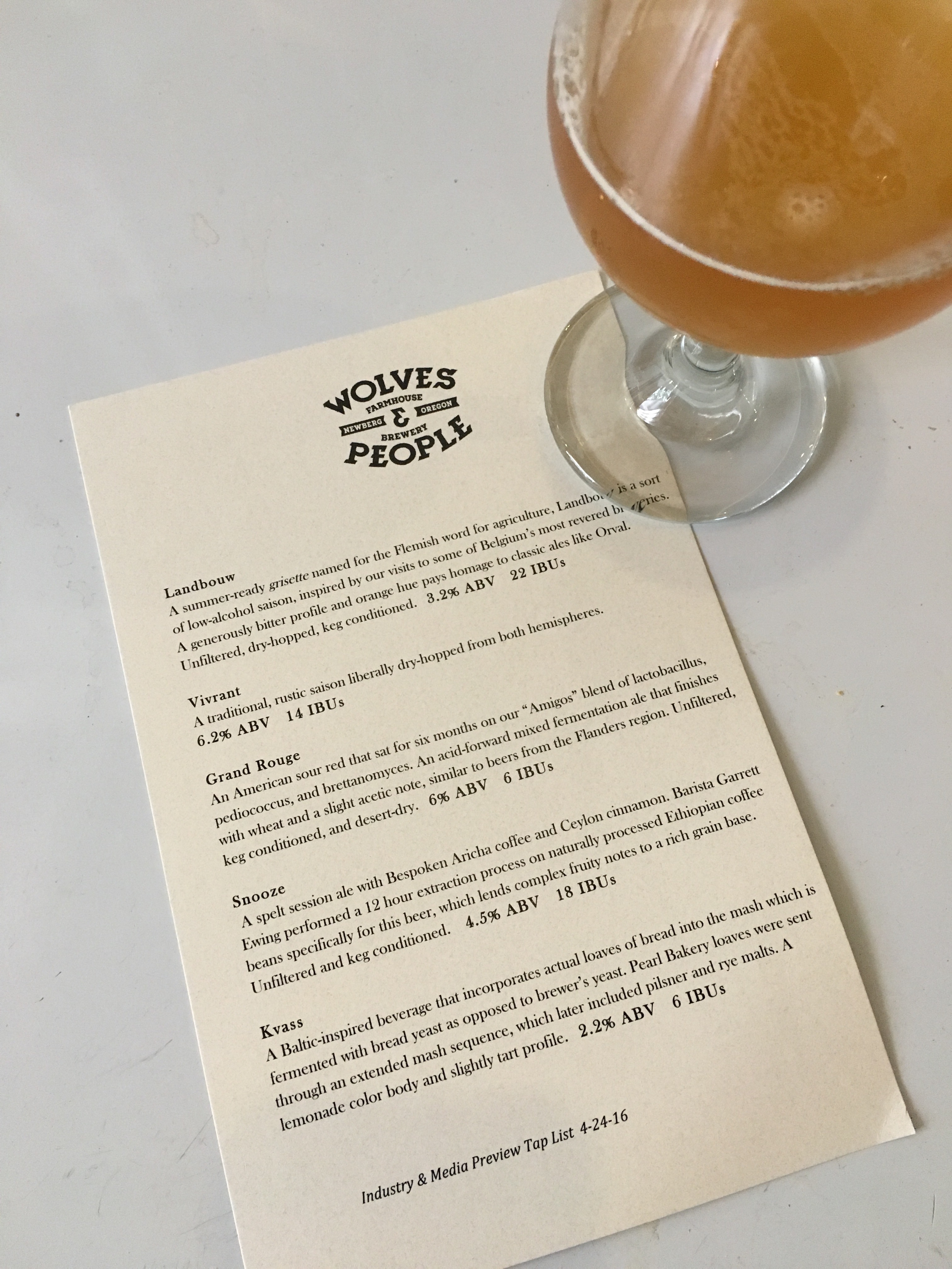 Beer menu during a family, friends and industry preview at Wolves & People Farmhouse Brewery.