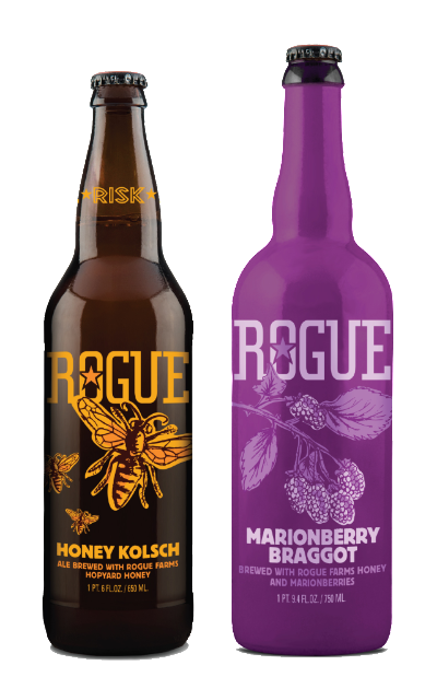 Bottles of Honey Kolsch and Marionberry Braggot. (image courtesy of Rogue Ales)