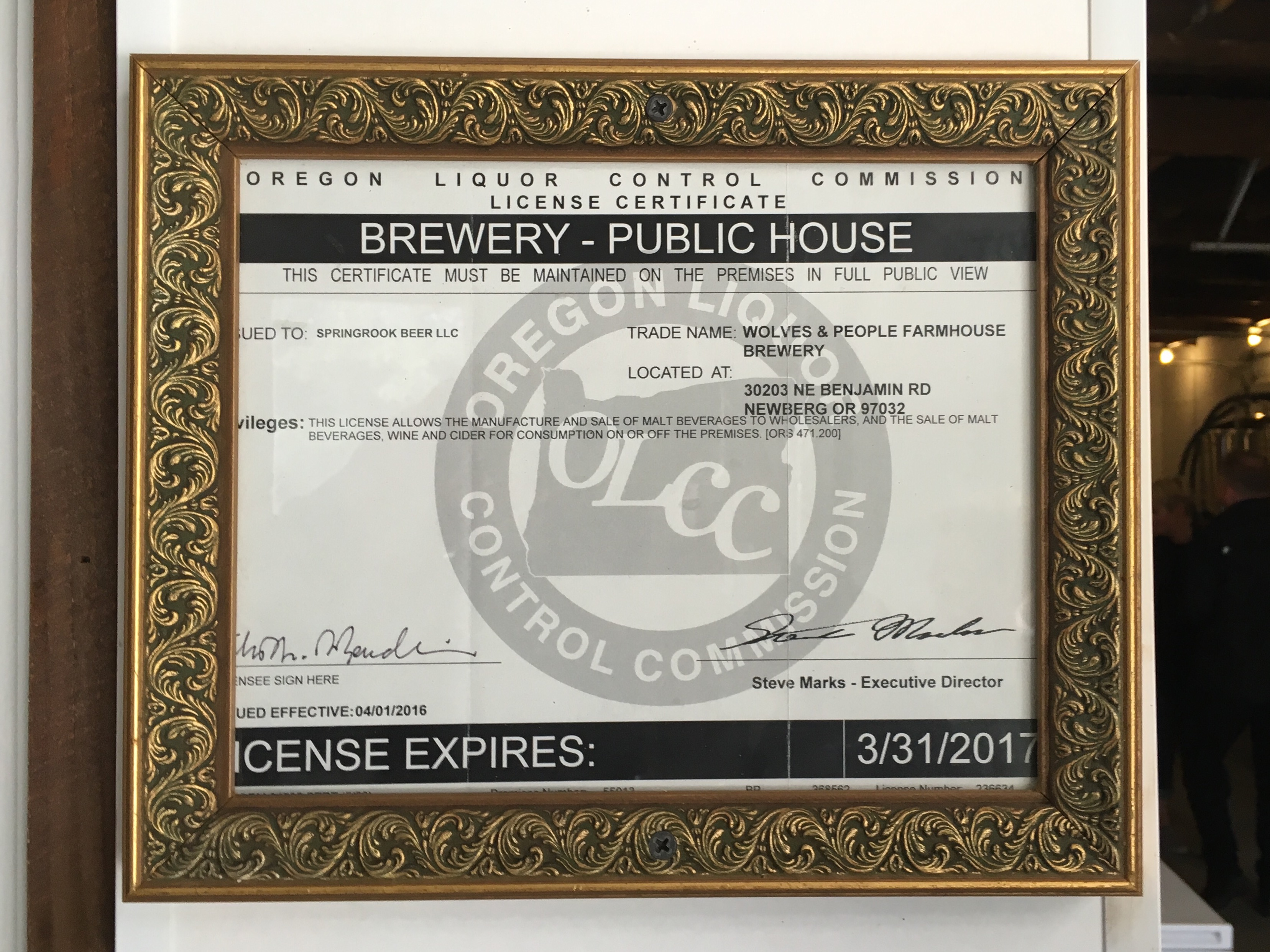 Wolves & People Farmhouse Brewery OLCC License.