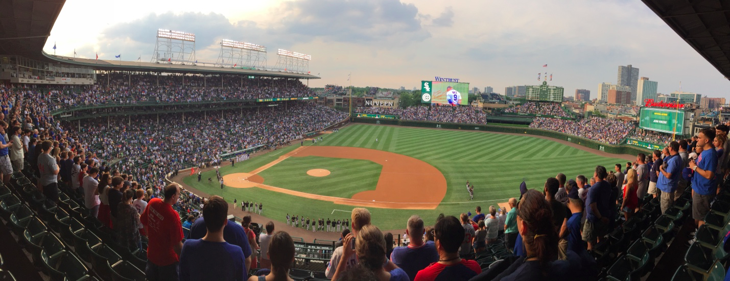 A scenic view of Wrigley Field, now with much more advertising than in its glorified past. (photo by Kerry Finsand)
