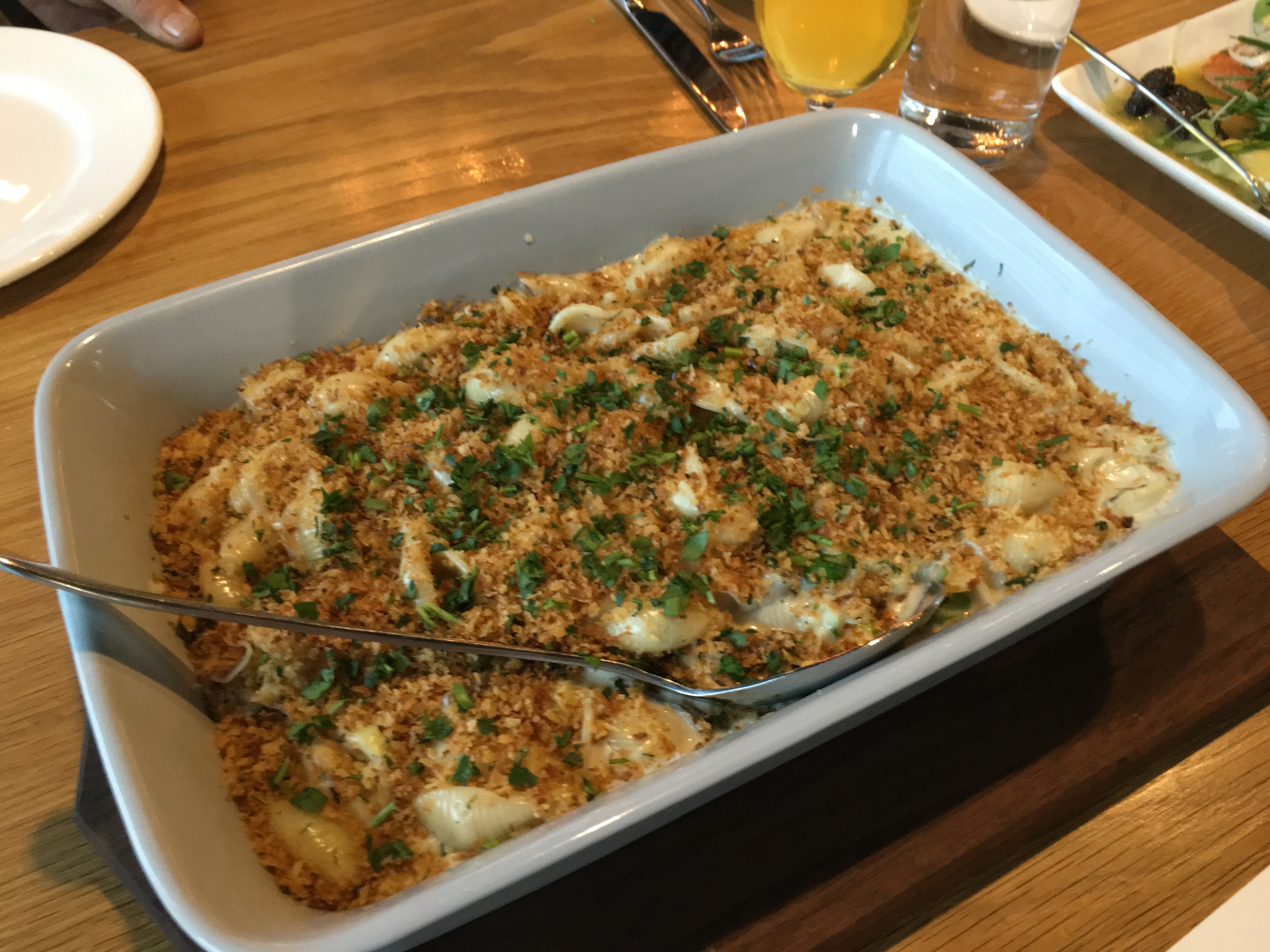 At a recent Altabira City Tavern Beer Dinner, Baked Macaroni and Cheese with peas, wild mushrooms, leeks and herb breadcrumbs was served.