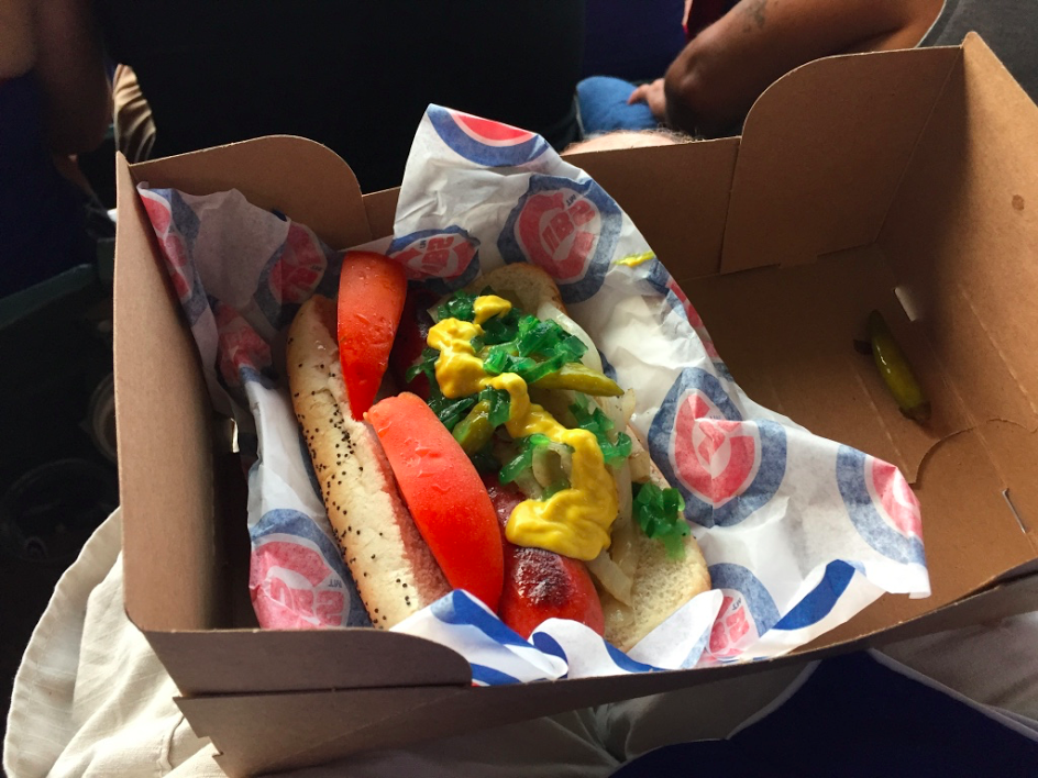 In Honor of D.J., I am eating a Chicago dog the proper way, without ketchup. (photo by Kerry Finsand)