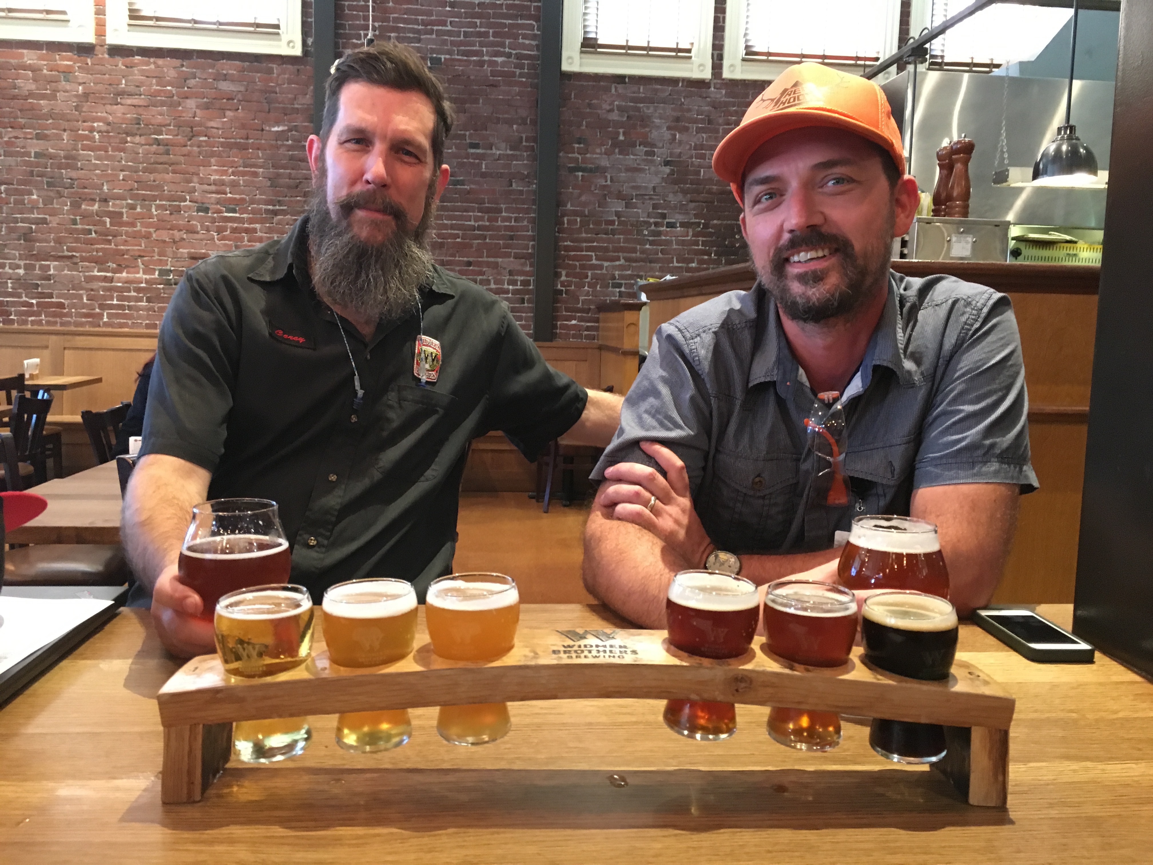 Sampling beers that were brewed on the new Widmer Brothers Brewing Innovation Brewery with brewers Corey Blodgett and Tom Bleigh.