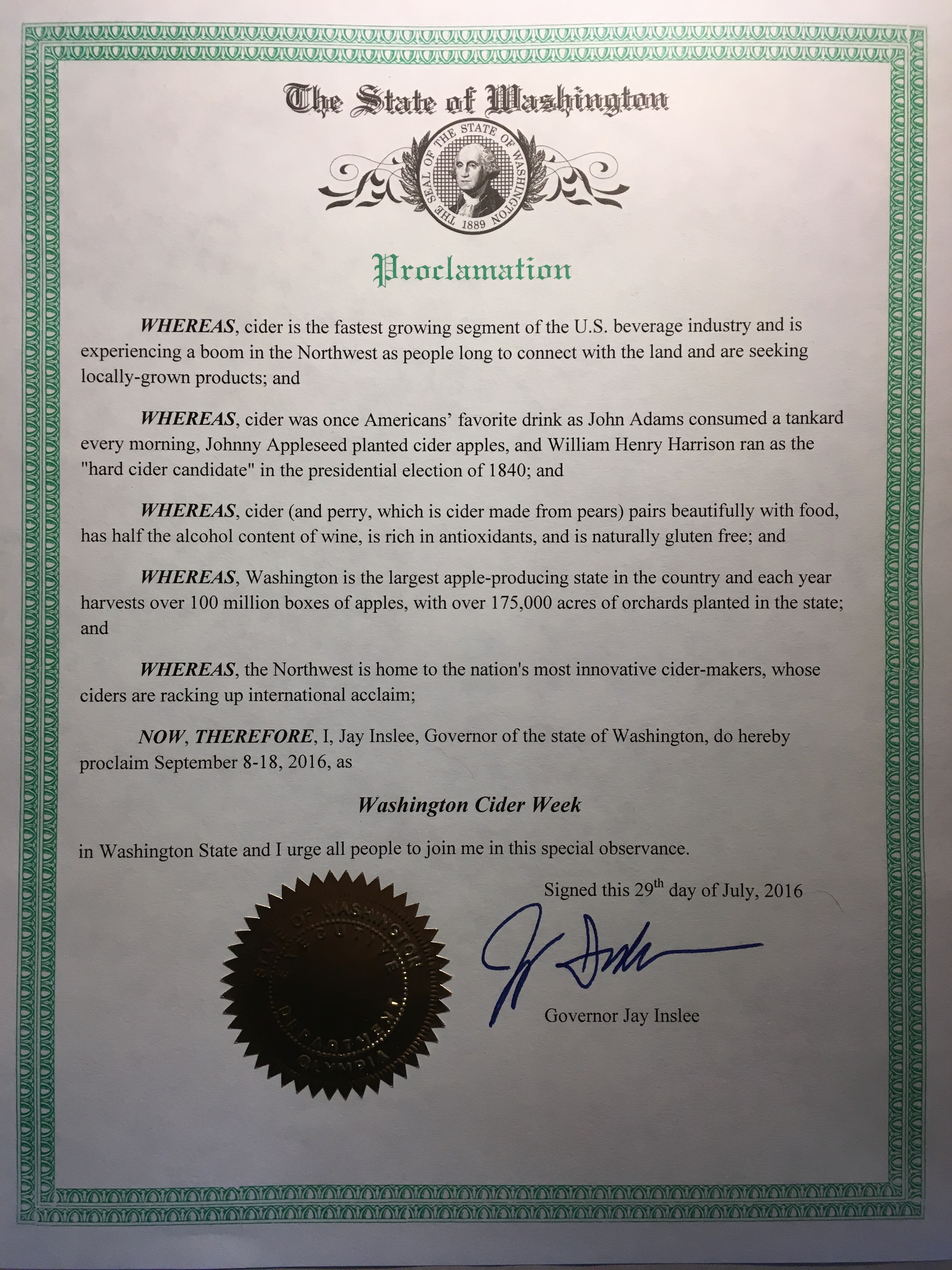 Washington Governor Jay Inslee formally proclaimed September 8-18, 2016, Washington Cider Week. (image courtesy of NW Cider Association)