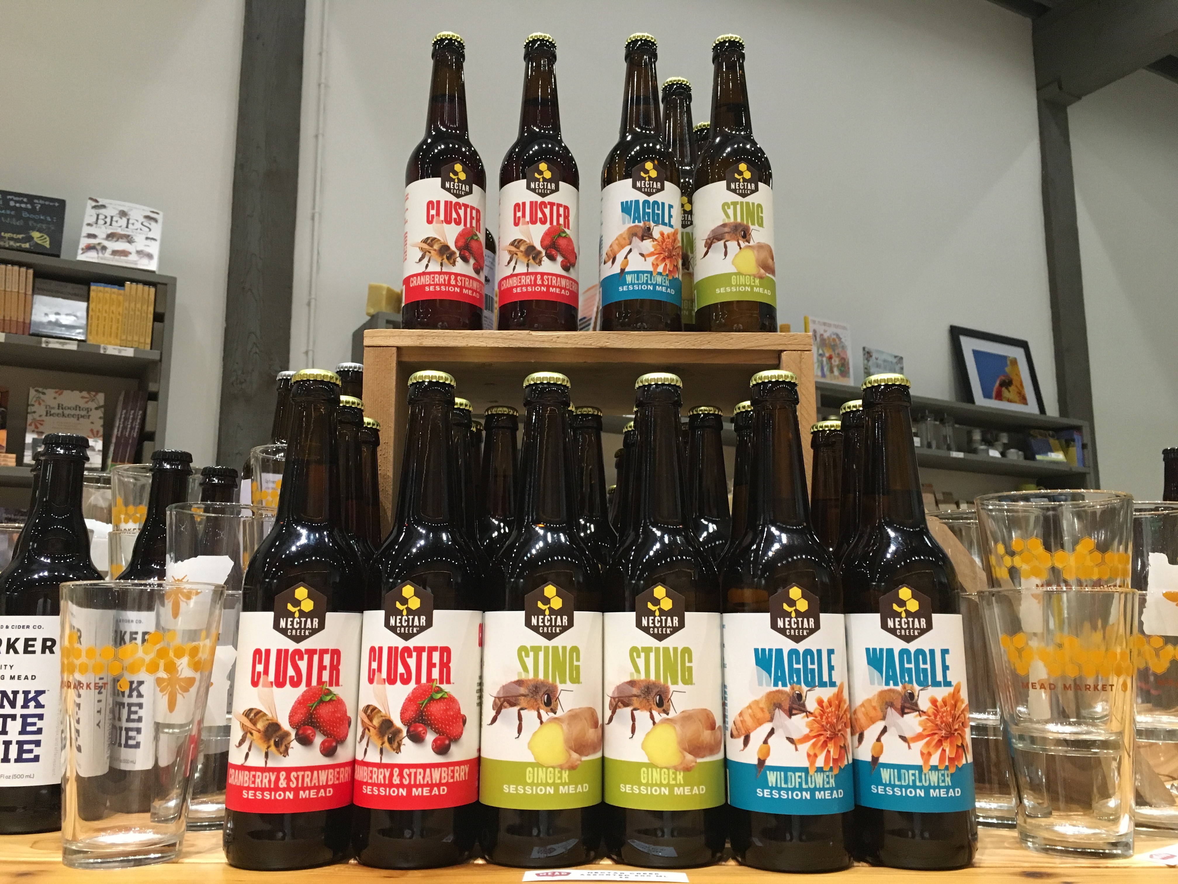 A display of Nectar Creek Mead at Mead Market.