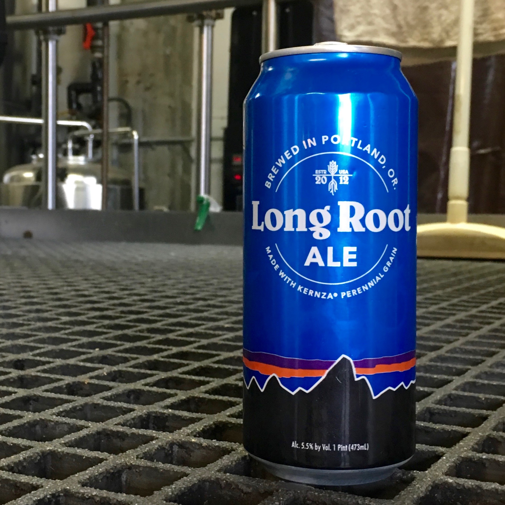 A can of Hopworks Urban Brewery and Patagonia Provisions Long Root Ale, brewed with Kernza perennial grain on the brewdeck.
