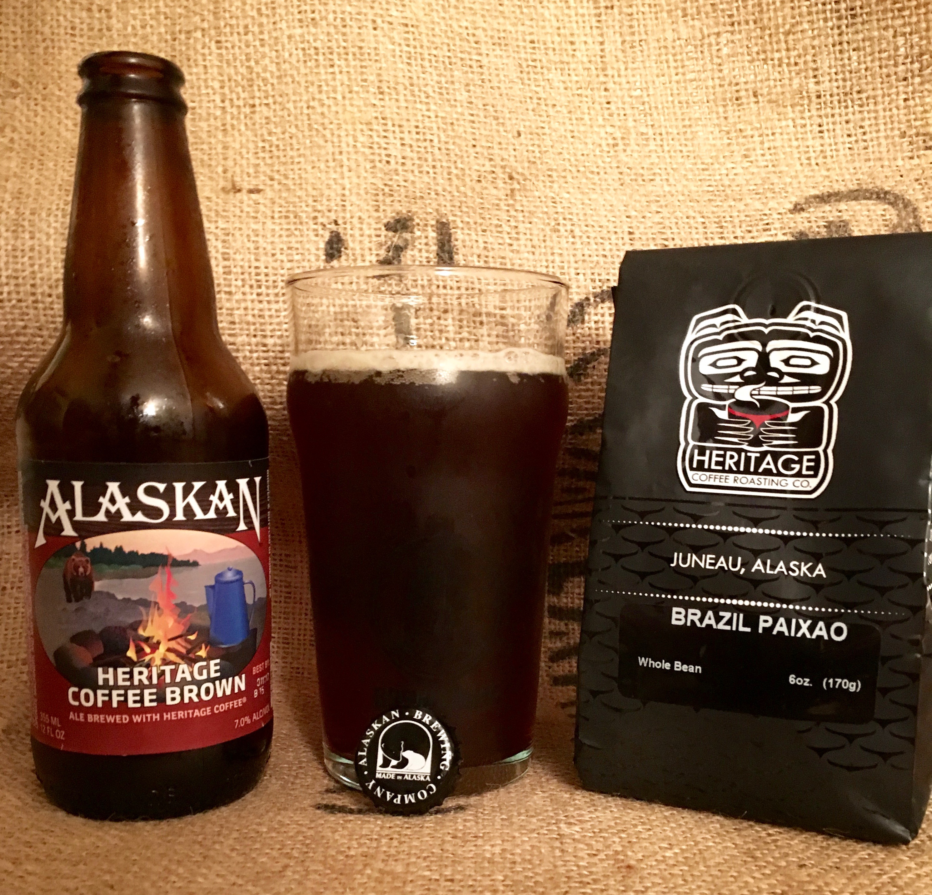 Alaskan Heritage Coffee Brown Ale and a bag of Juneau-based Heritage Coffee Roasting Company.