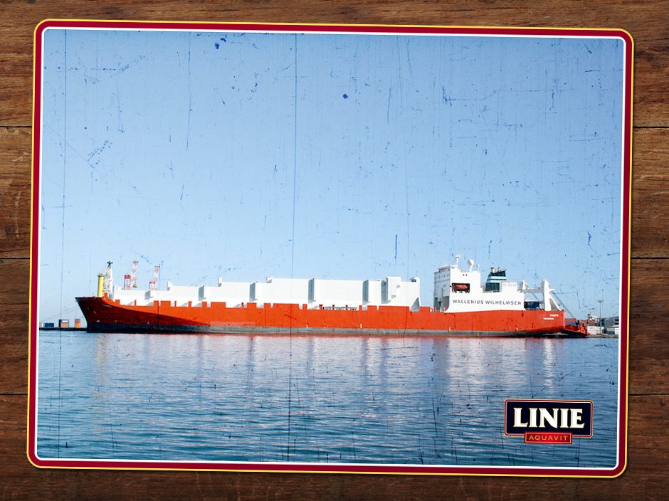 A cargo ship that contains casks of Linie Aquavit that will mature while at sea. (image courtesy of Linie Aquavit)