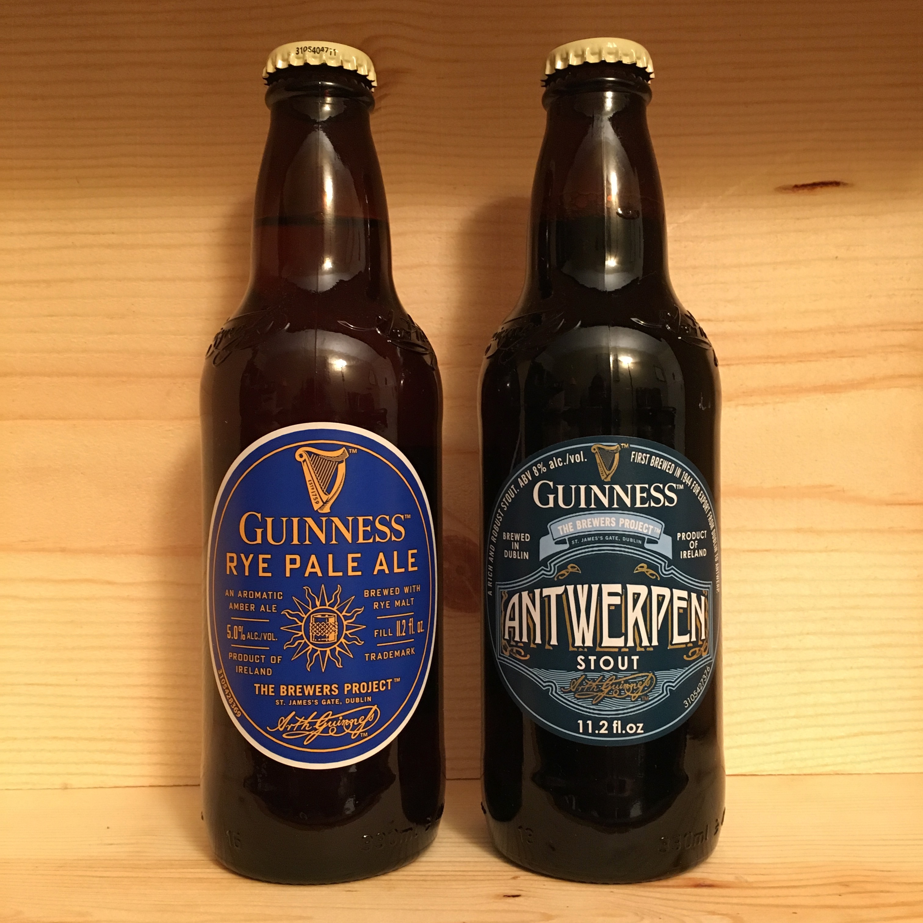 Bottles of two new beers from Guinness St. James Gate, Guinness Rye Pale Ale and Guinness Antwerpen Stout.