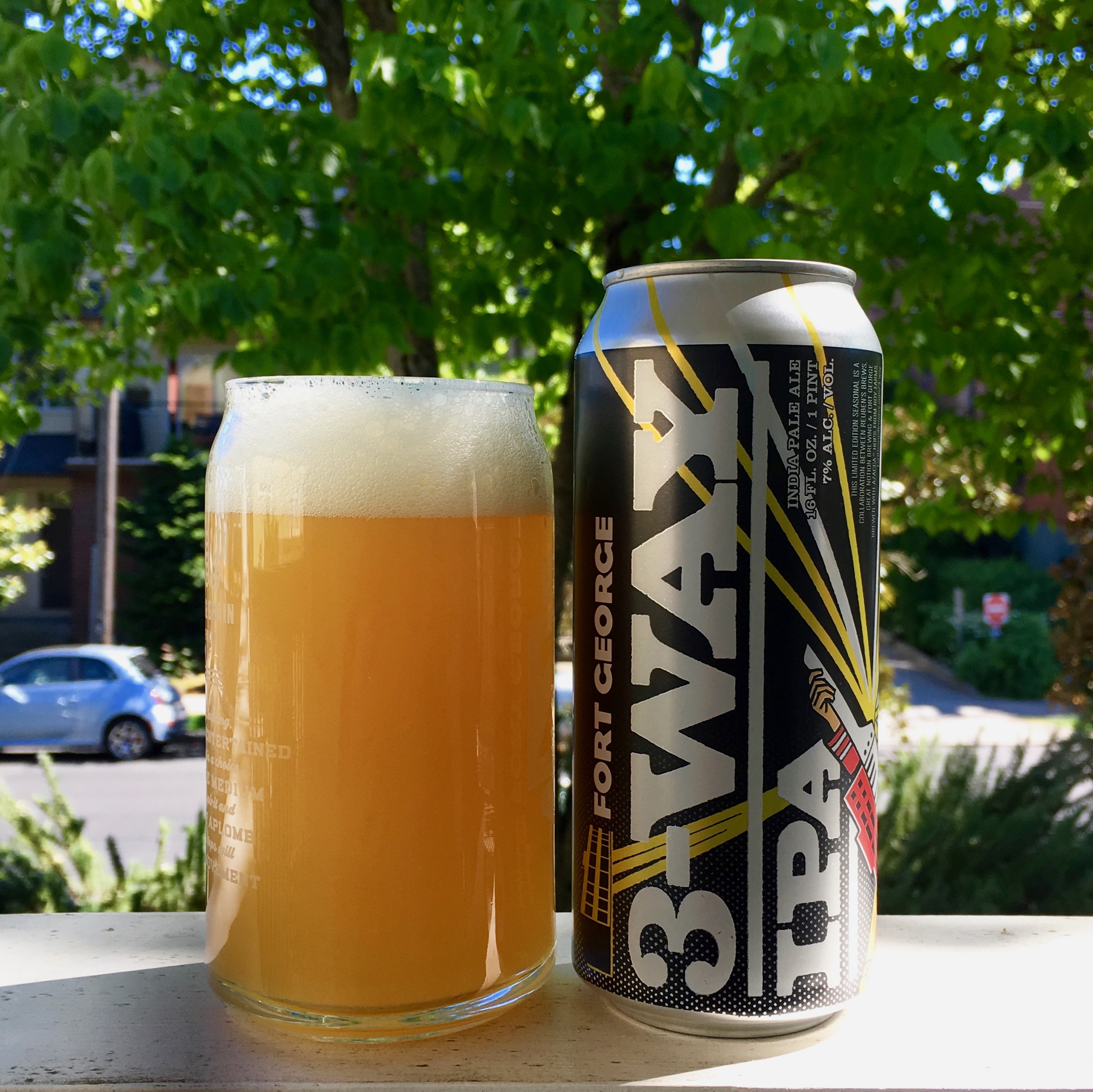 A freshly canned Fort George 3-Way IPA that was brewed in collaboration with Reuben's Brews and Great Notion Brewing.
