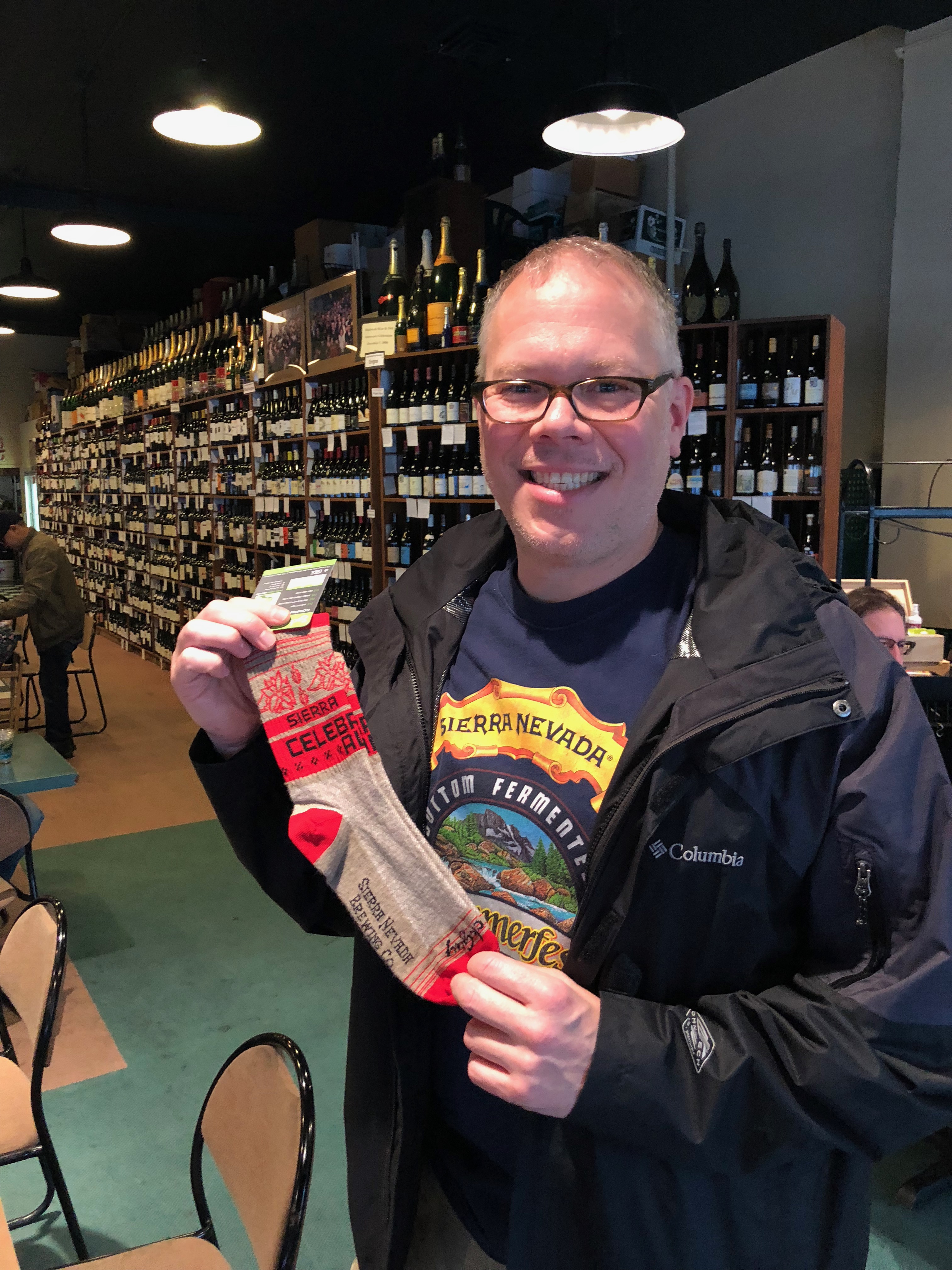 Rodney Kibzey won some Sierra Nevada Celebration Socks at the annual Celebartion Vertical at Woodstock Wine & Deli.