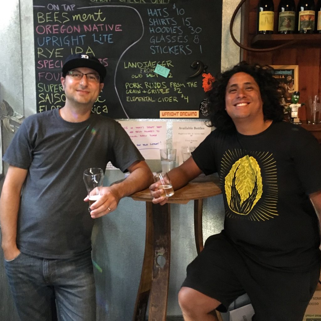 Alex Ganum from Upright Brewing and Rick Nelson from Oedipus Brewing at a National Brain Tumor Society Fundraiser at Upright Brewing. (photo by Cat Stelzer)