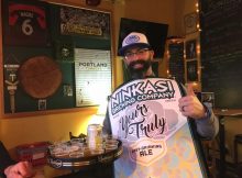 Ninkasi's Ryan Brentley was hitting Portland pubs wednesday night, sampling tastes from the breweries new series of 12-oz. cans: the easy-drinking Yours Truly, Pacific Rain pale ale and a new hazy IPA. Look for them on grocers' shelves soon...(FosytonFoto)