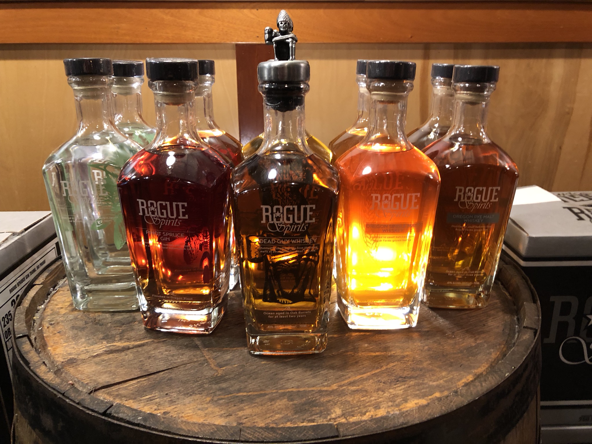 The newly relaunched lineup of Rogue Spirits. (photo by Cat Stelzer)