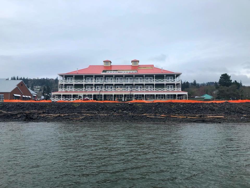 image of McMenamins Kalama Harbor Lodge from the Columbia River courtesy of McMenamins