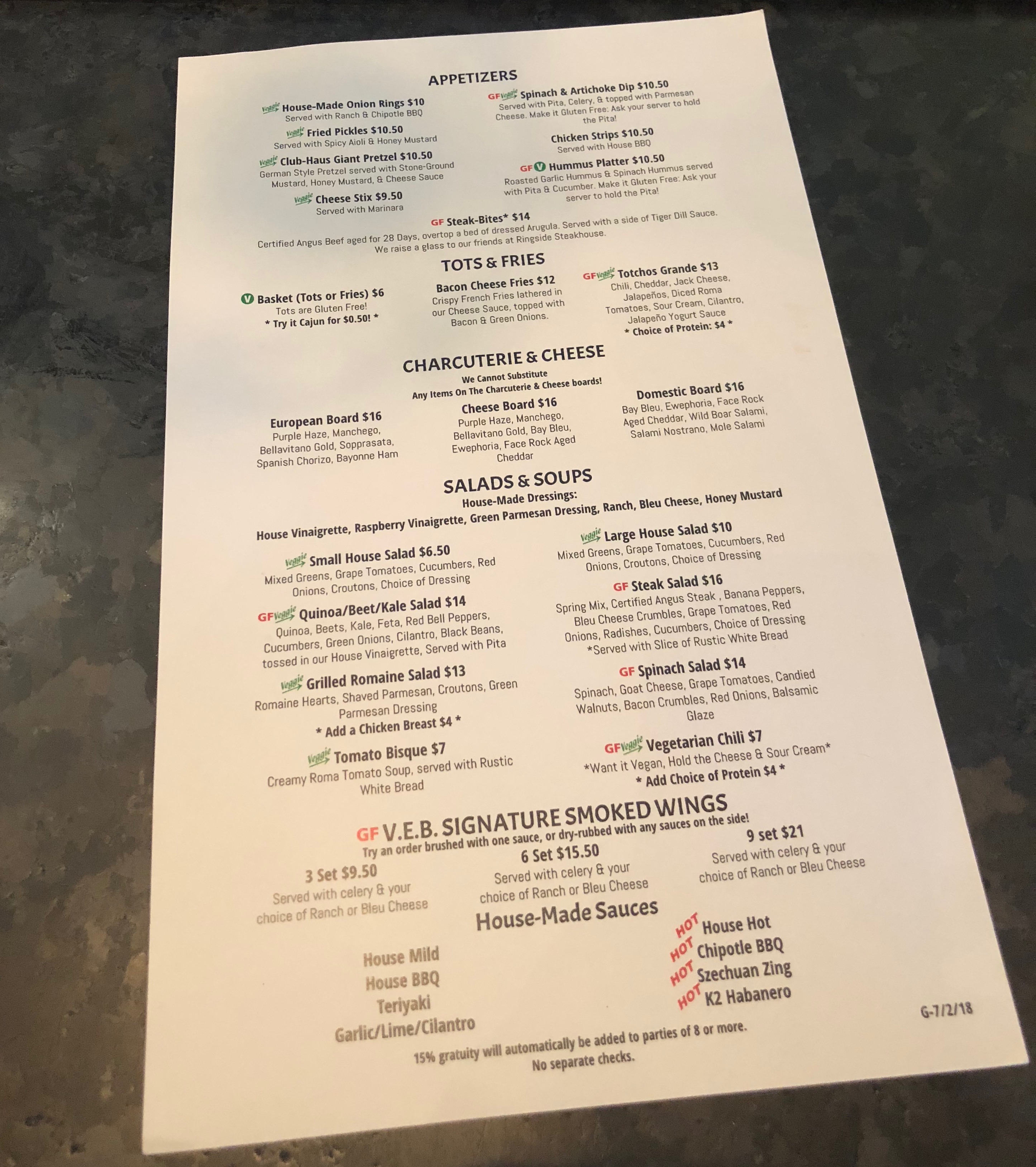 The Food Menu (page 1) at Von Ebert Brewing - East.