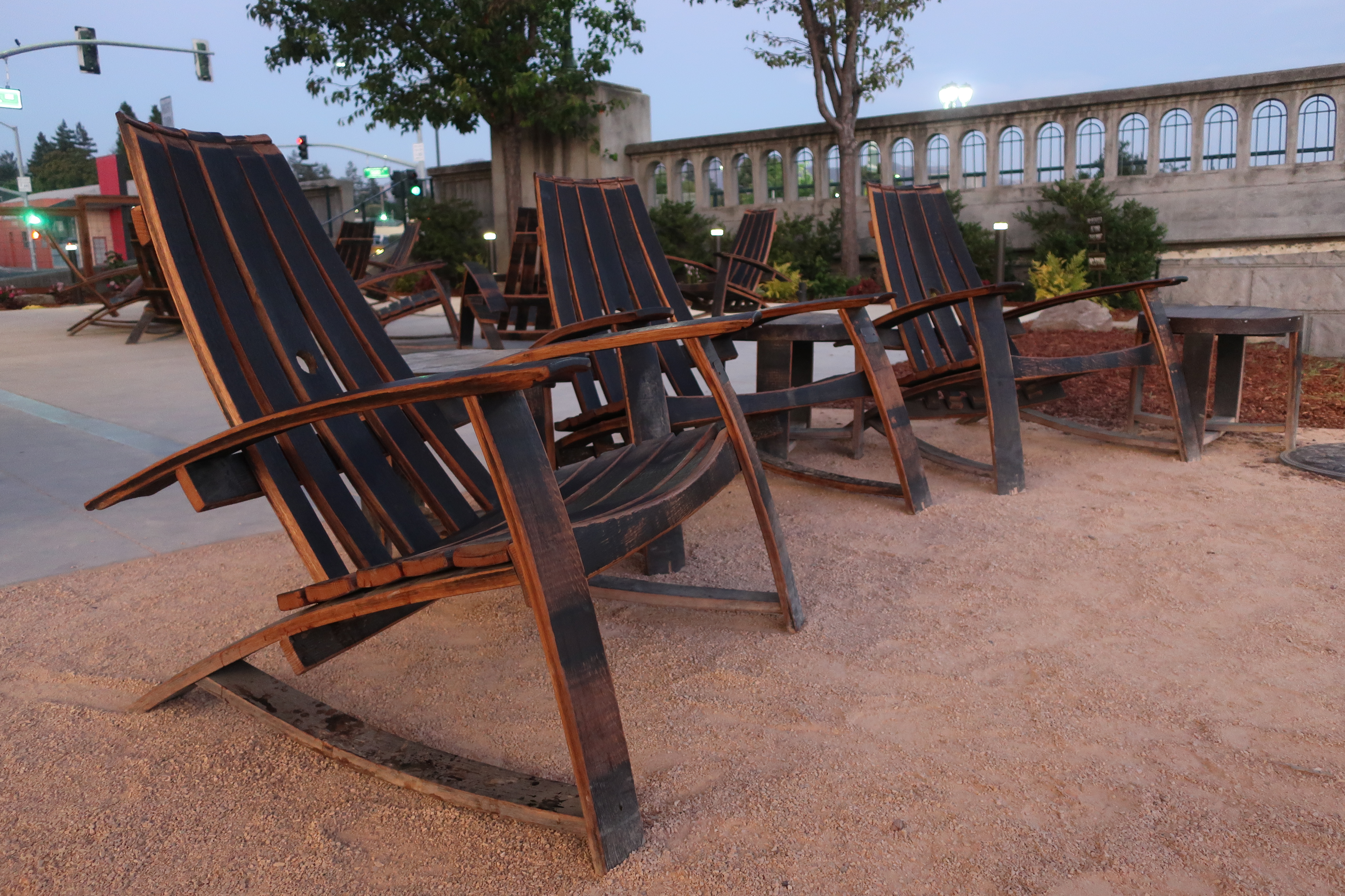 The comfortable seating options outside at Stone Brewing - Napa.