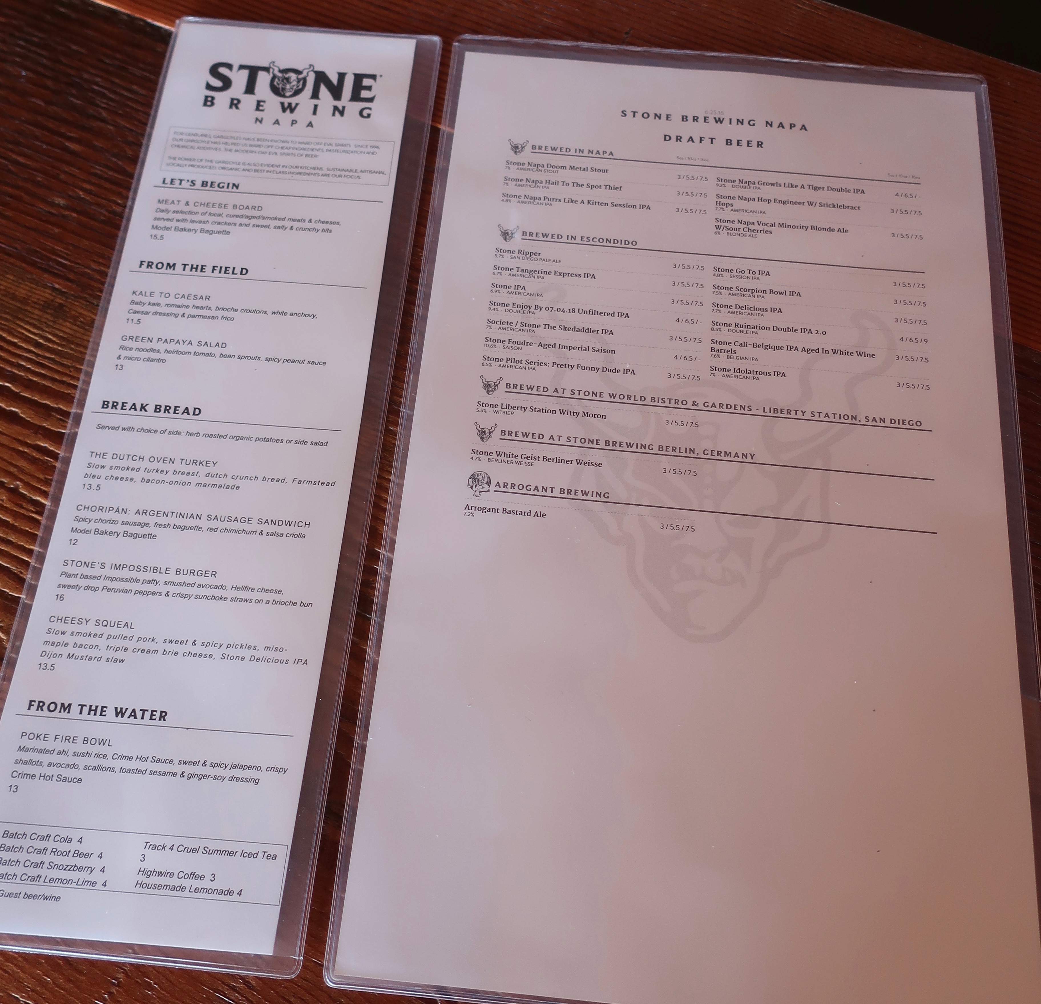The menu during our visit to Stone Brewing - Napa.