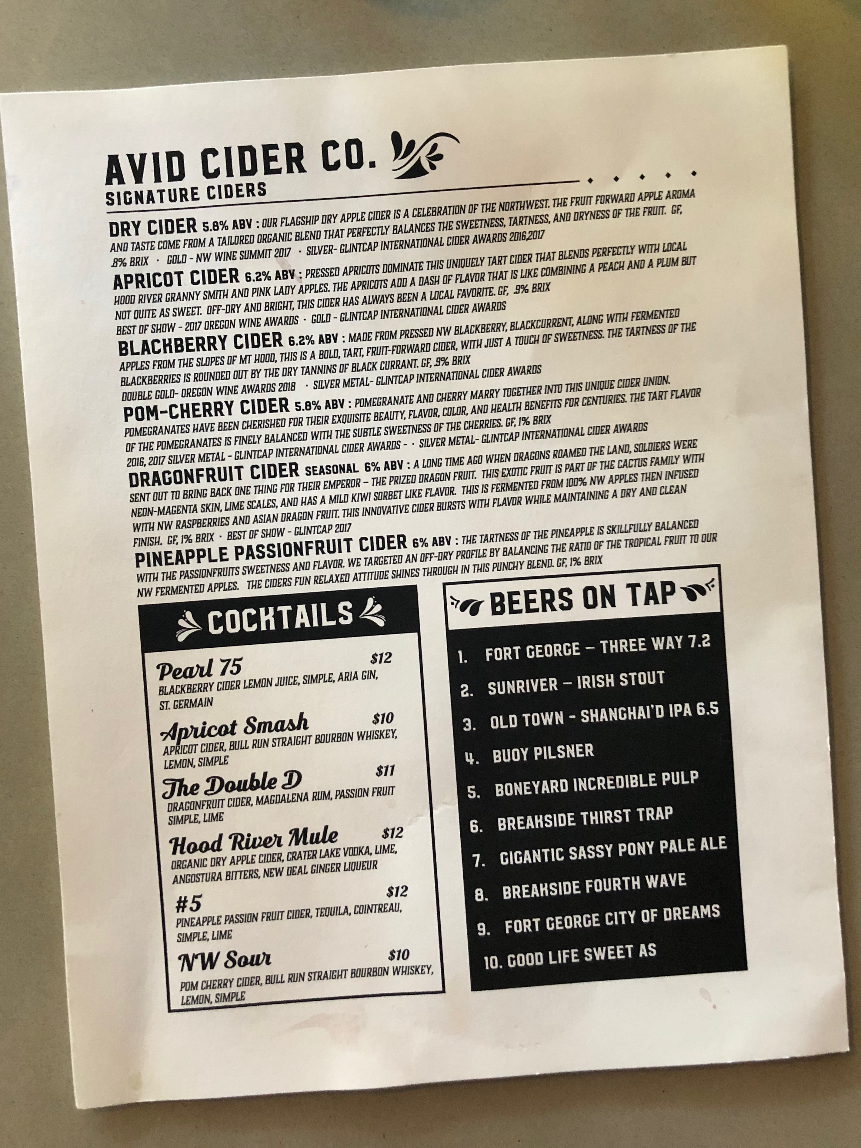 Avid Cider Co. Cider House Drink Menu.