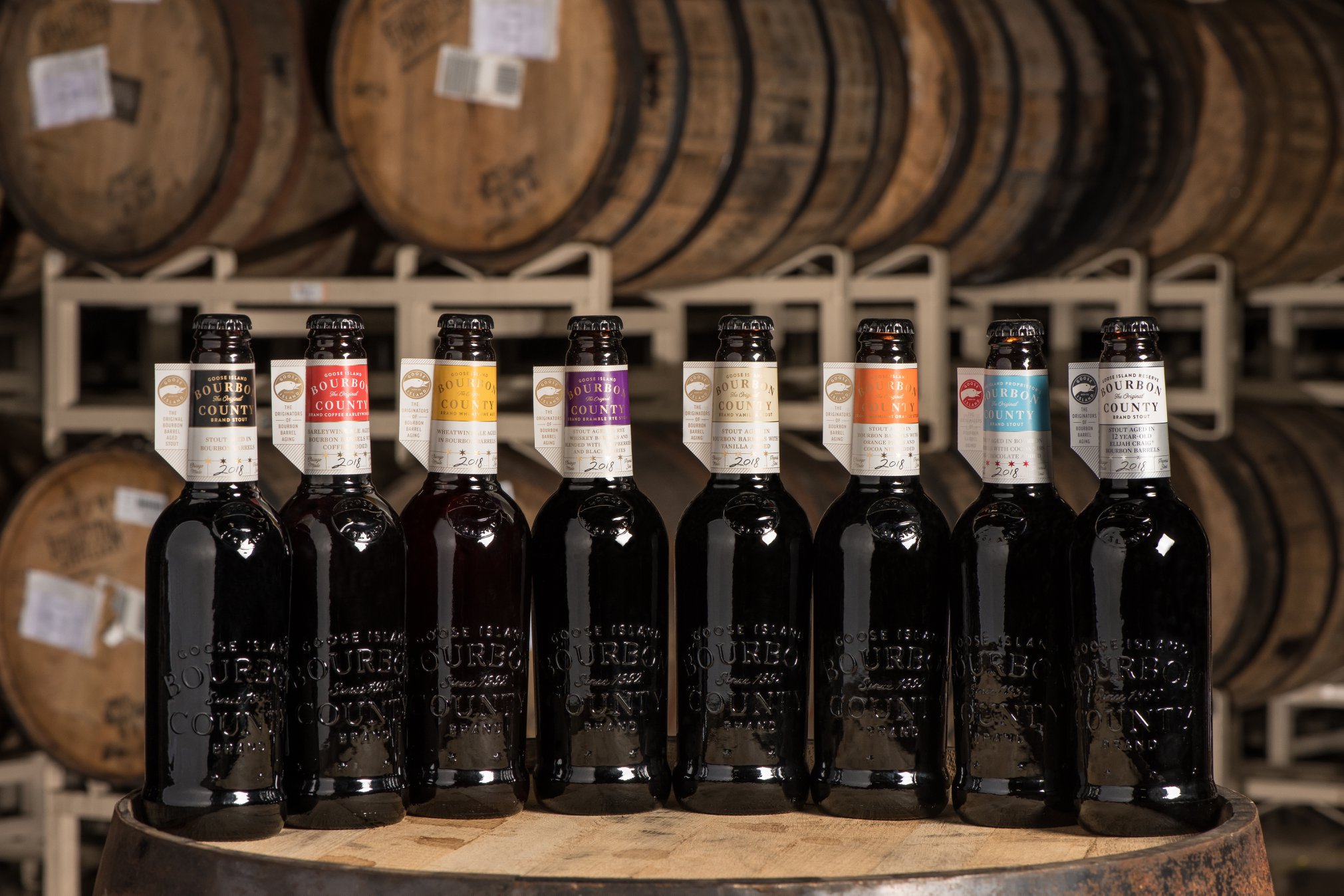 The Goose Island 2018 Bourbon County Brand Stout Lineup of barrel-aged beers courtesy of Goose Island Beer Co.