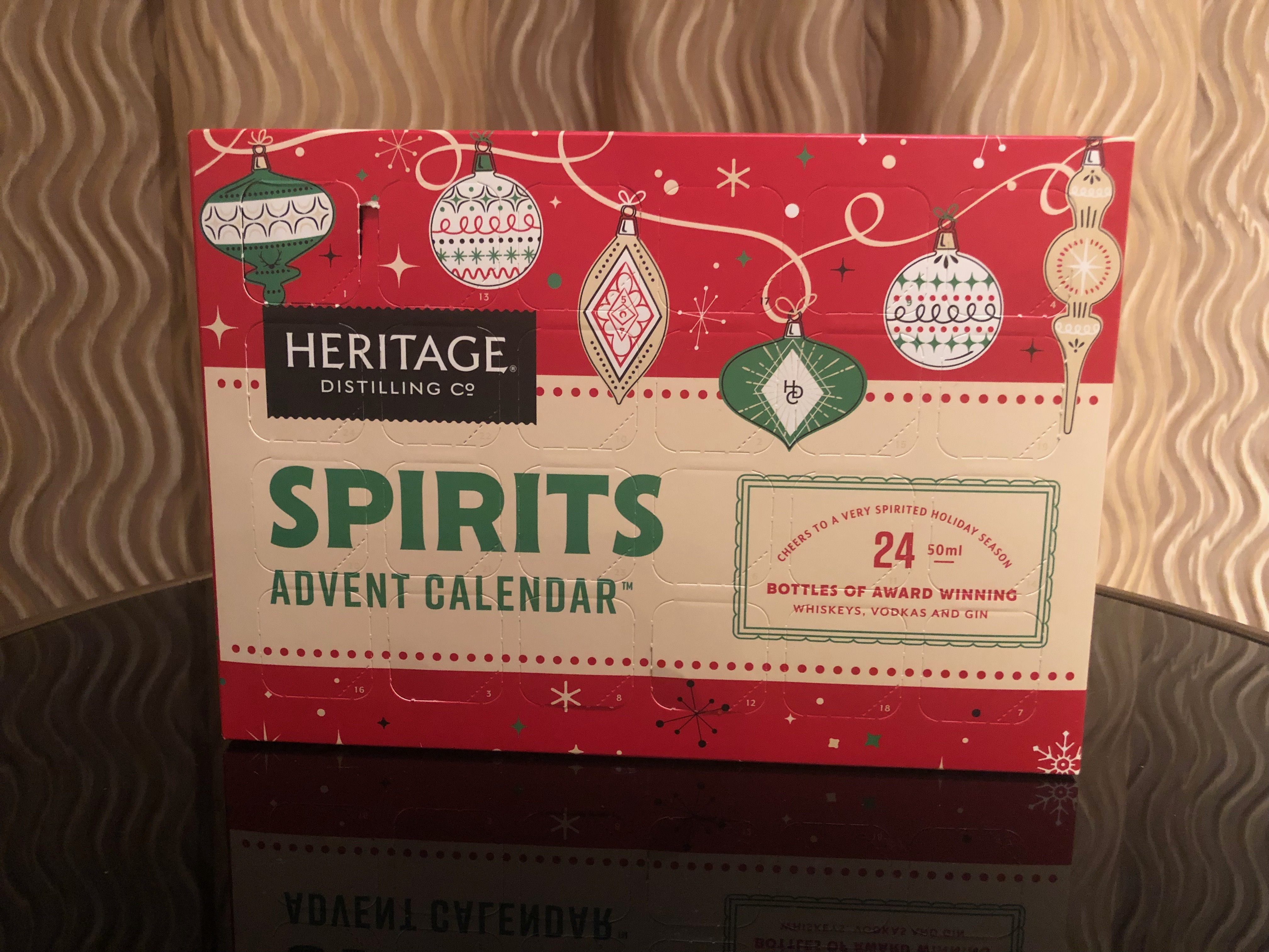 The front of the Heritage Distilling 2018 Spirits Advent Calendar that has 24 windows of booze!