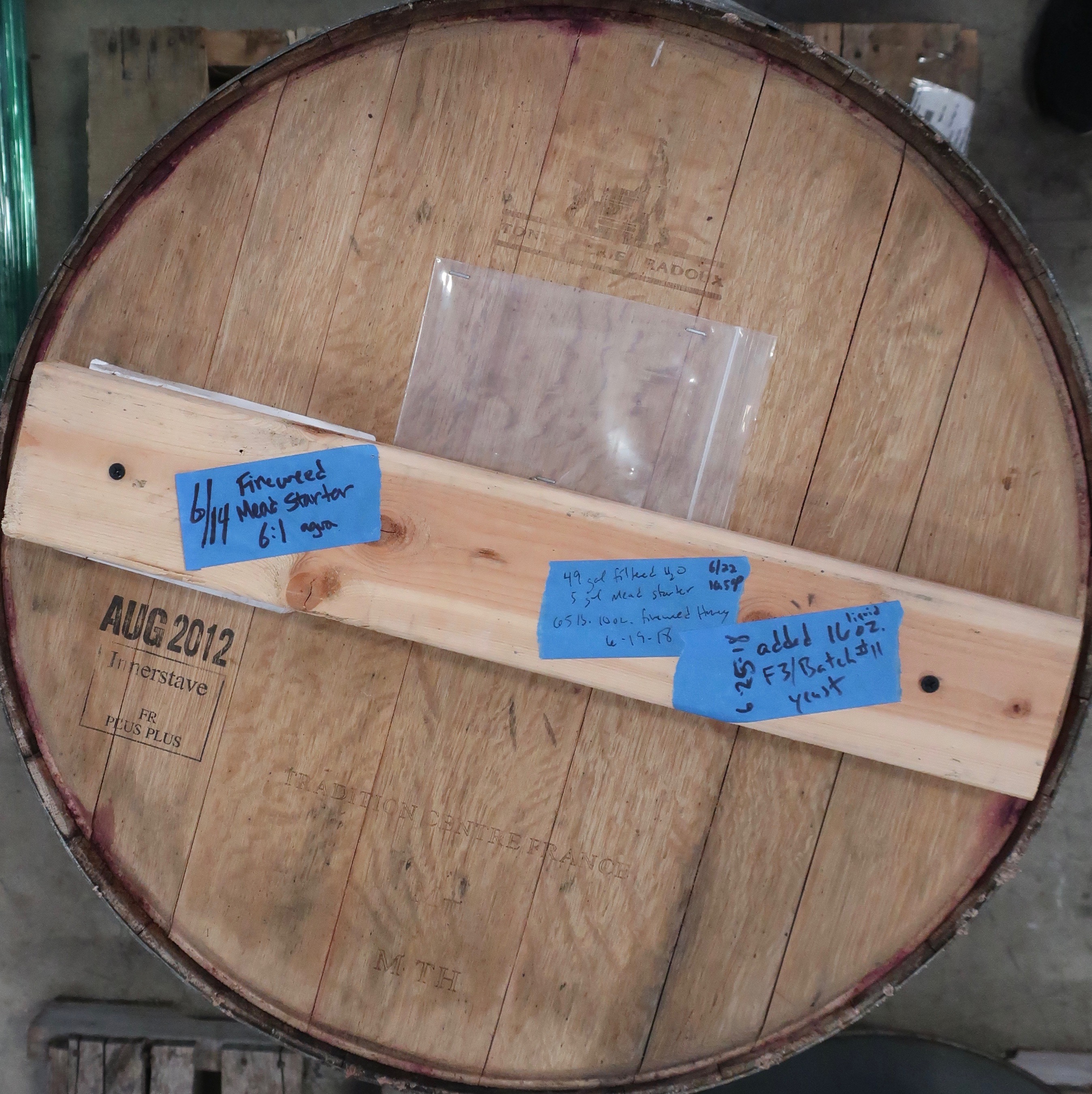 The top of the barrel of mead at Garden Path Fermentation.