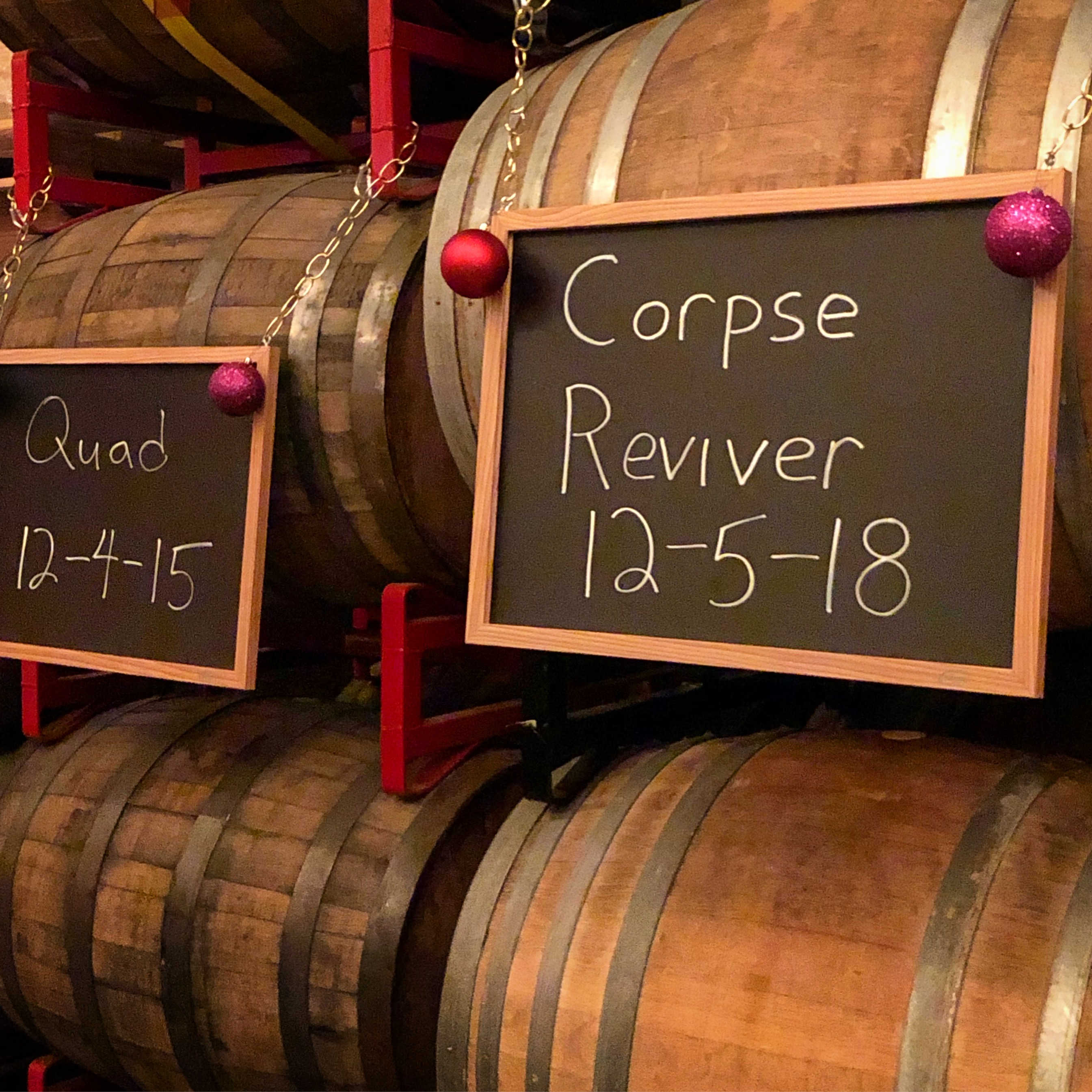 Corpse Reviver resting in barrels inside the barrel room at Gigantic Brewing.