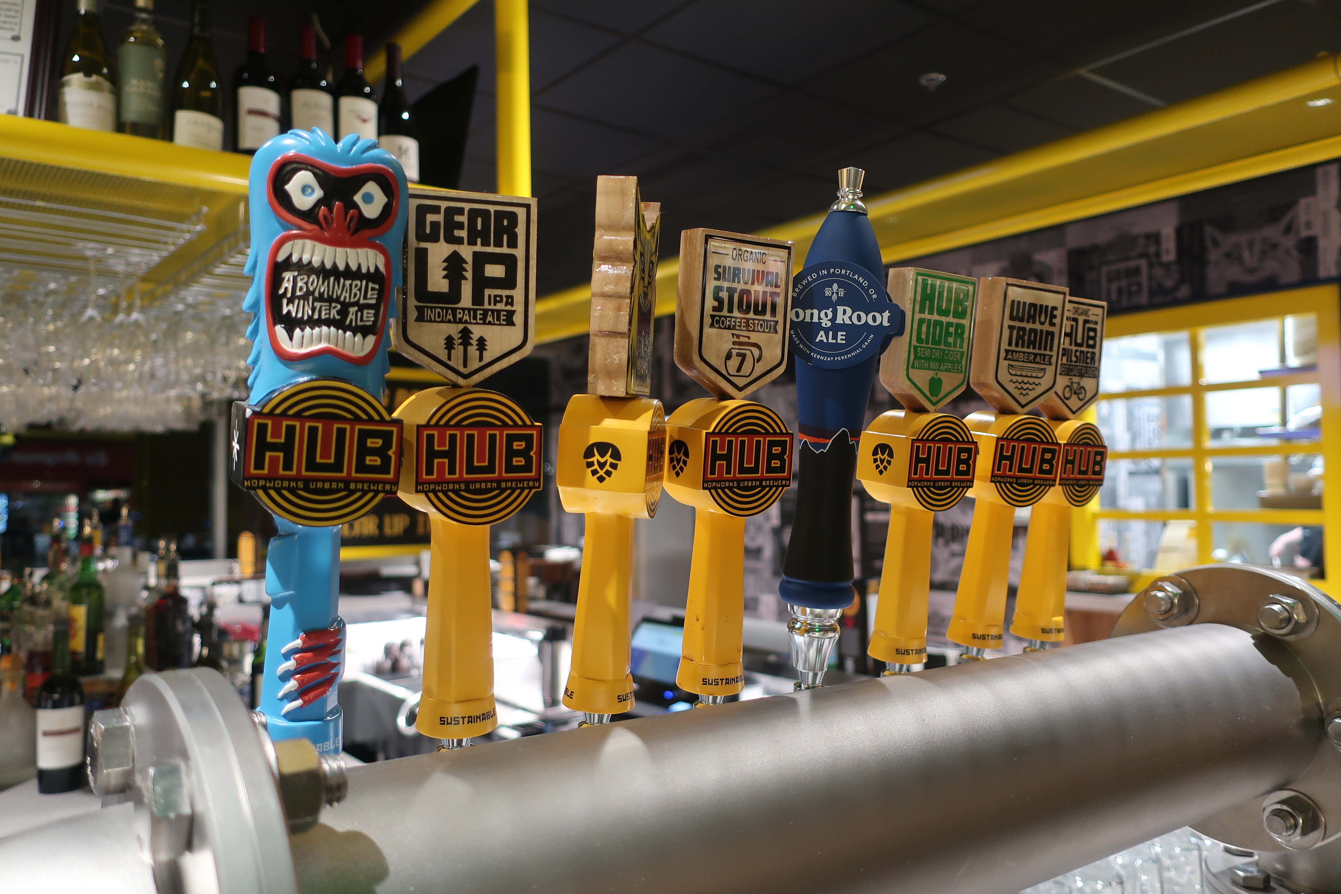 Taps at the new Hopworks Urban Brewery inside the Portland International Airport.