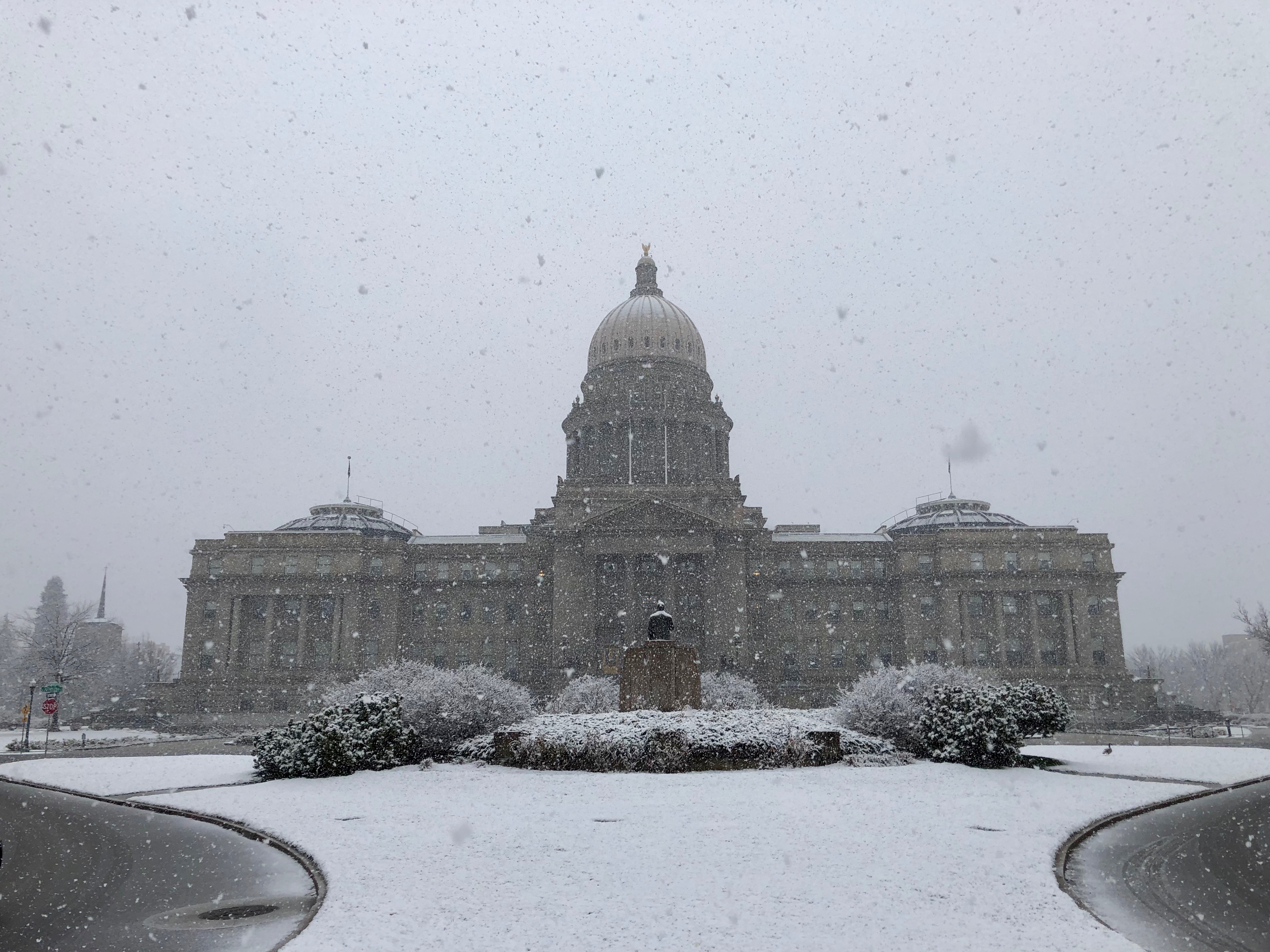 Snow covers the Idaho State Capitol Building in Boise