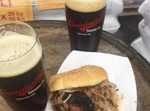 image of pork sanwich and Barrel-Aged Lucubrator courtesy of Occidental Brewing