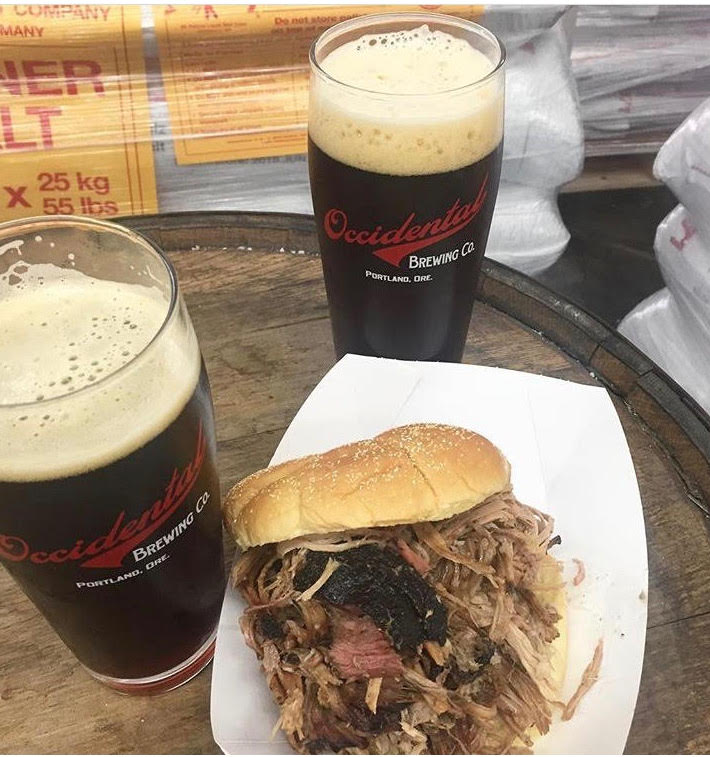 image of pork sanwich and Barrel-Aged Lucubrator courtesy of Occidental Brewing