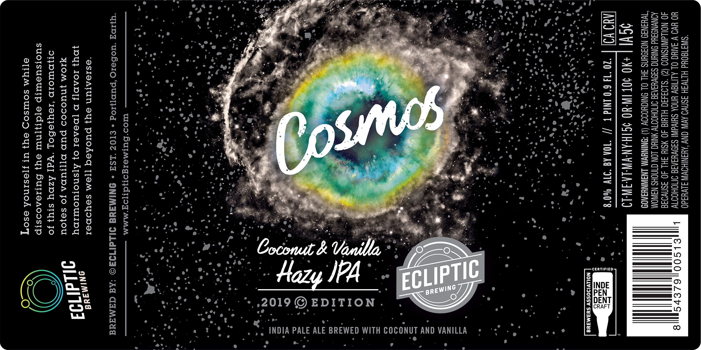 Ecliptic Brewing Cosmos Coconut & Vanilla Hazy IPA Label
