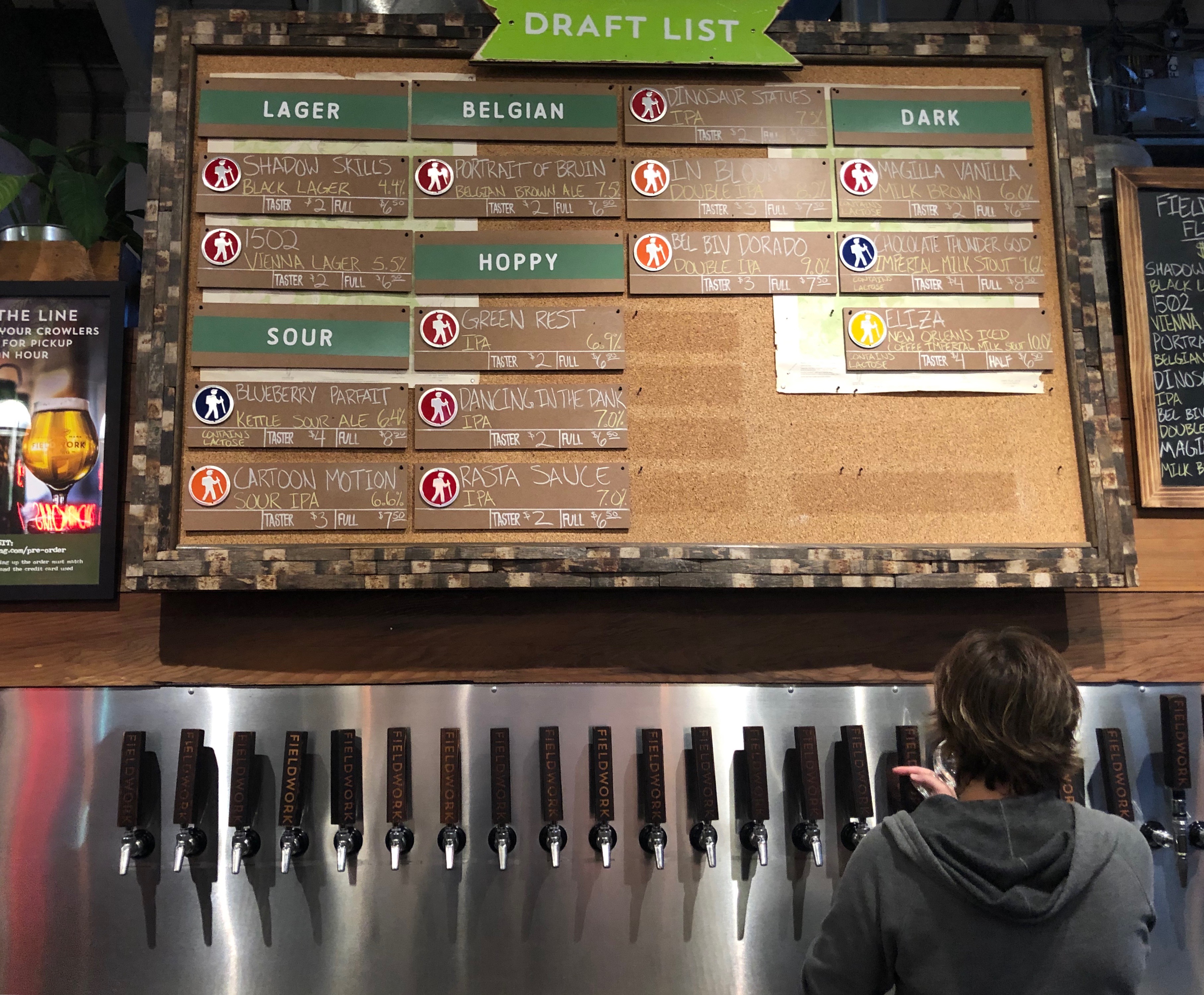 The tap list at Fieldwork Brewing inside the Oxbow Public Market in Napa, California.