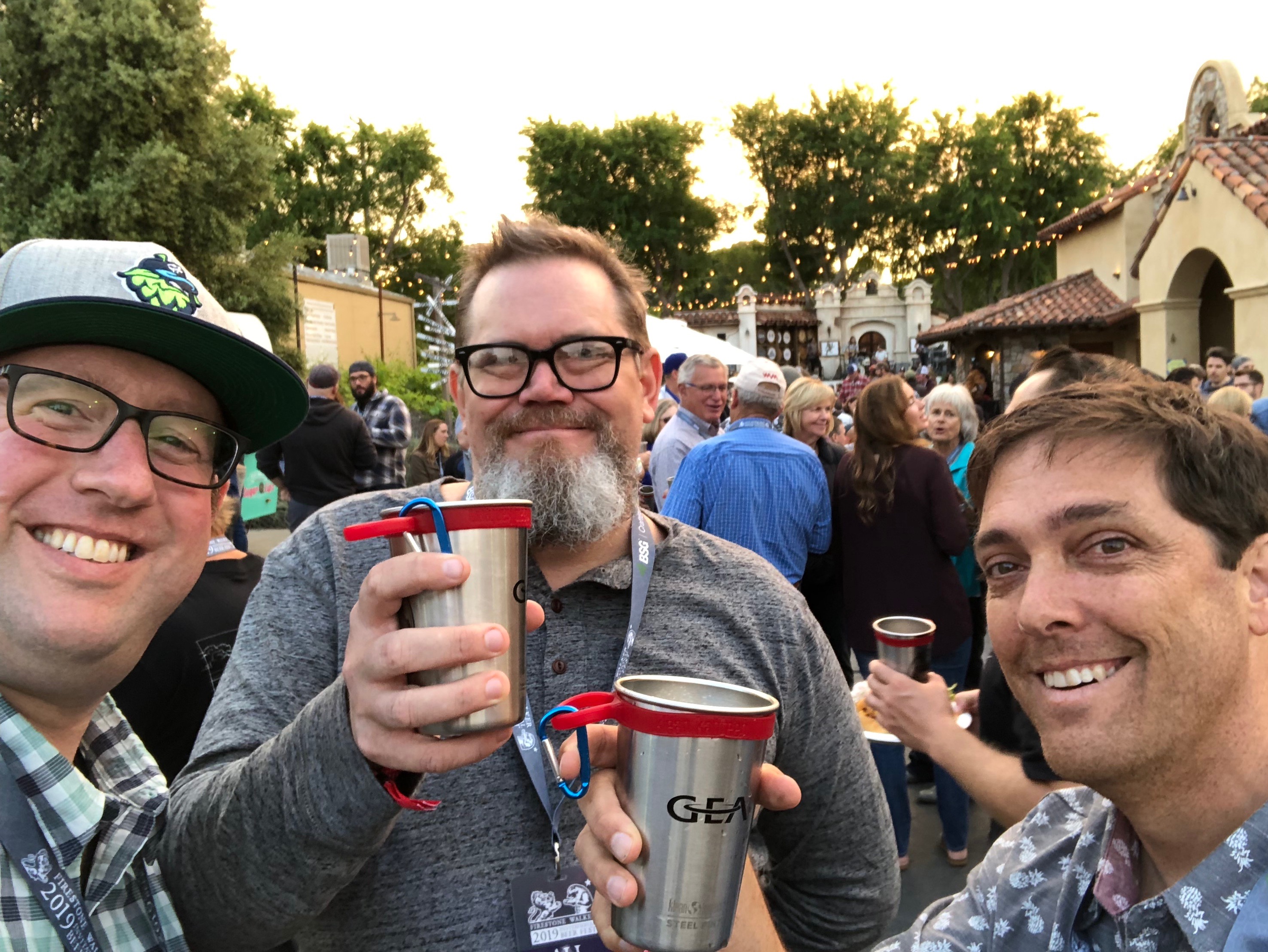 Brewpublic's D.J. Paul, New Belgium's Joel Winn and beer writer Brian Yaeger prefunking the night before the 2019 Firestone Walker Invitational Beer Fest.
