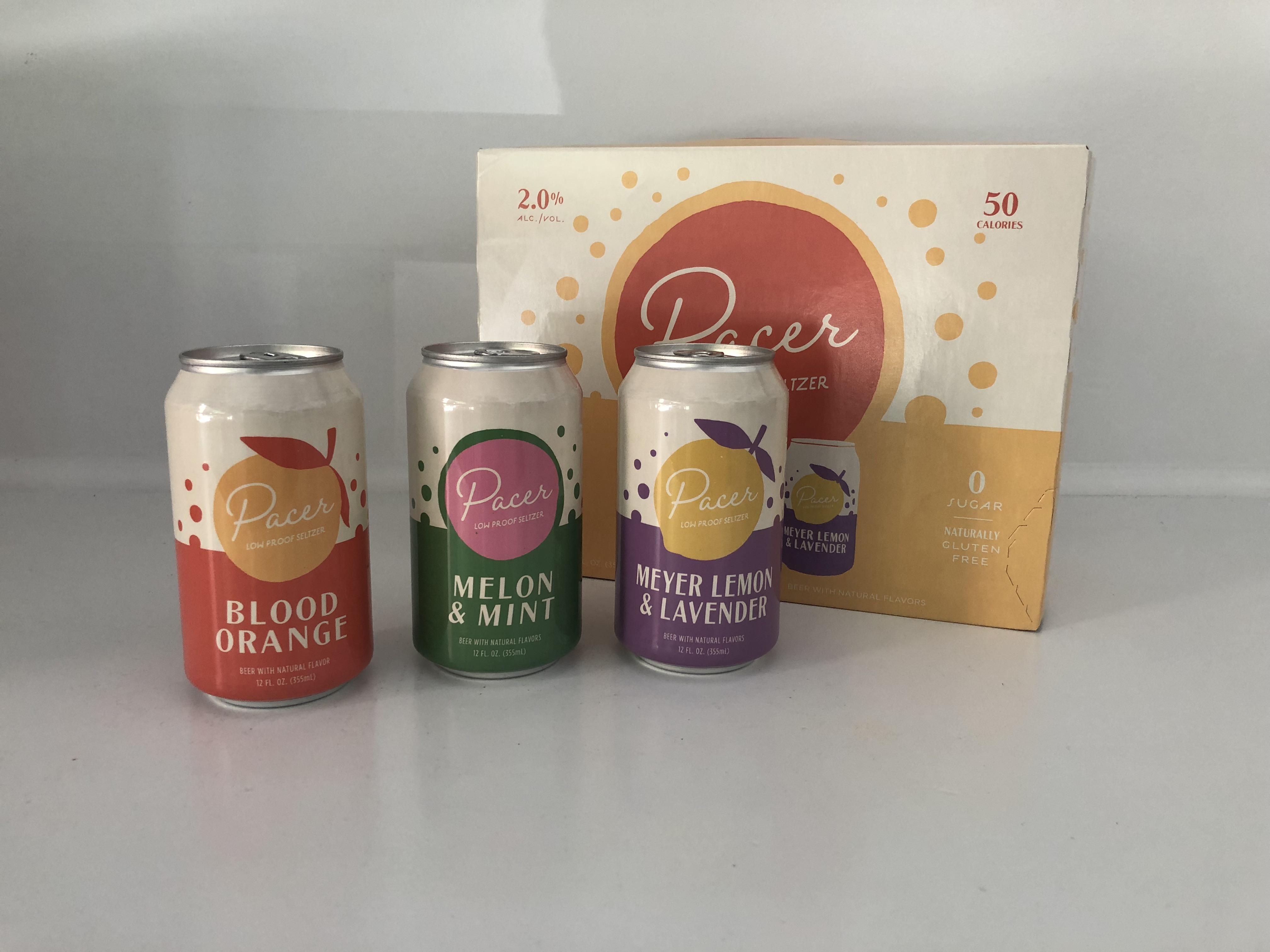 pH Experiment Pacer Low Proof Seltzer mixed 12-pack of Blood Orange Melon & Mint, and Meyer Lemon & Lavender.