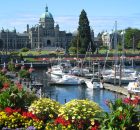 A view of the the harbor with the capitol building in the background in Victoria, BC